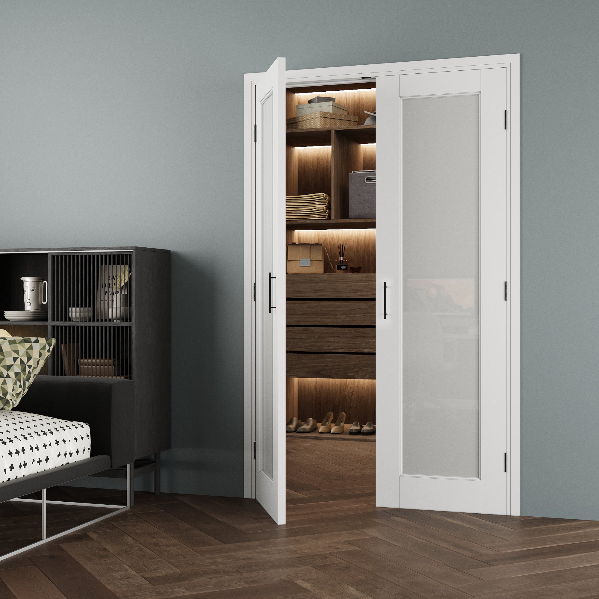 [Black Ball Catch Prehung French Door Collection] 1-Lite Frosted Glass White Solid Core Glass French Door Panels with Black Ball Catch Ready-to-Assemble Jamb