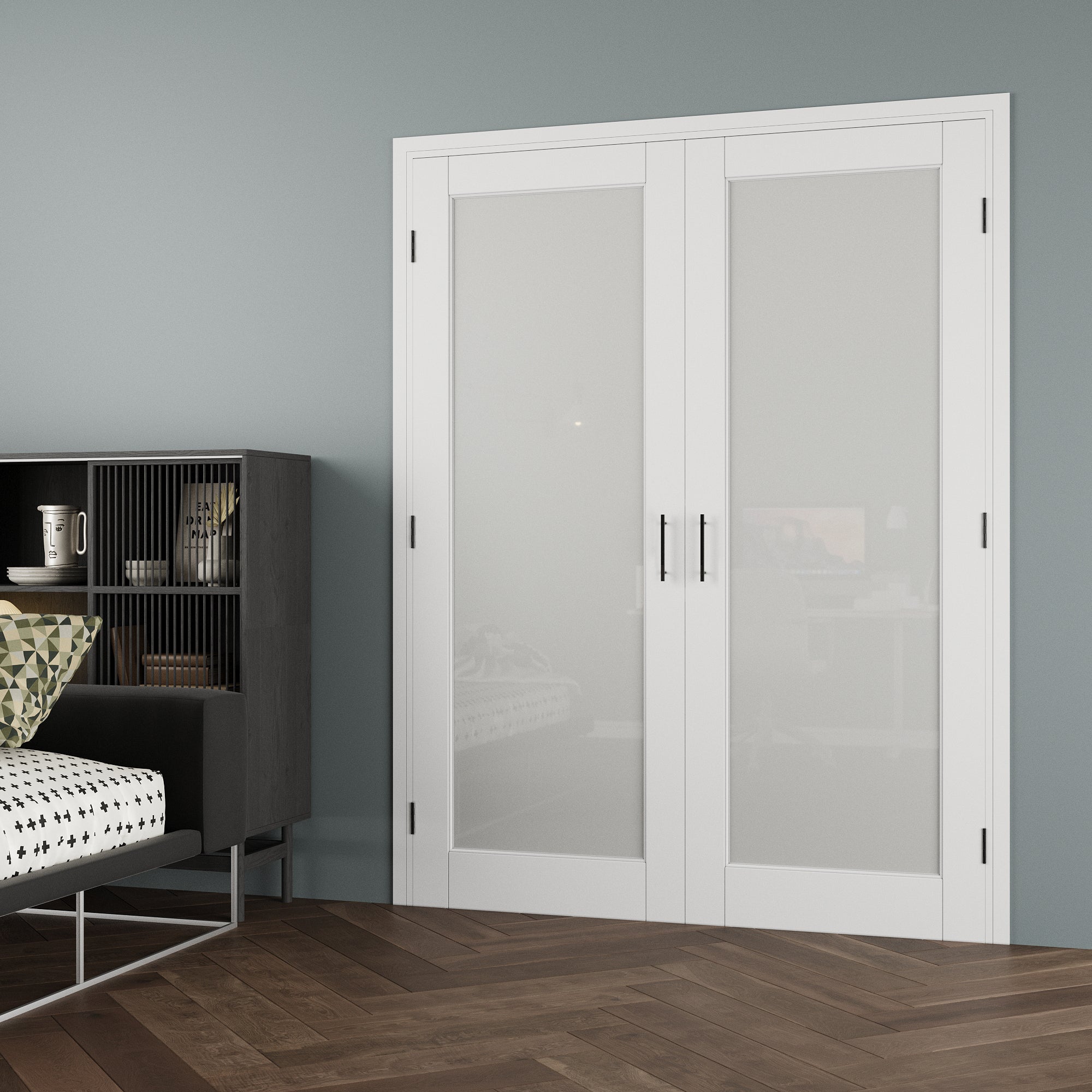 [Black Ball Catch Prehung French Door Collection] 1-Lite Frosted Glass White Solid Core Glass French Door Panels with Black Ball Catch Ready-to-Assemble Jamb