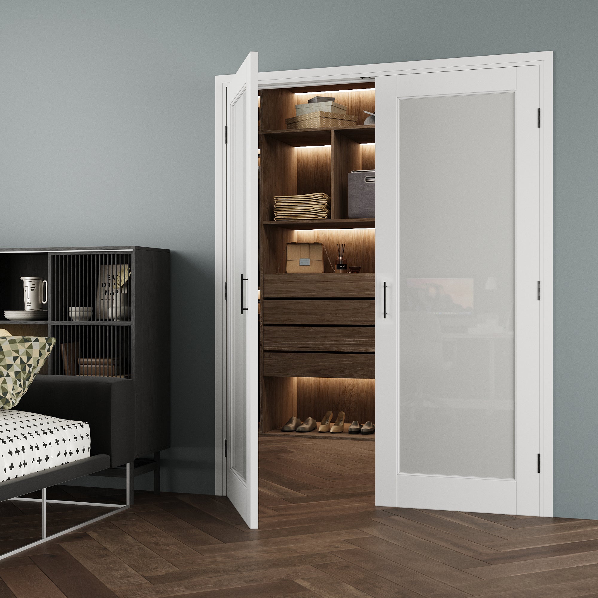 [Black Ball Catch Prehung French Door Collection] 1-Lite Frosted Glass White Solid Core Glass French Door Panels with Black Ball Catch Ready-to-Assemble Jamb