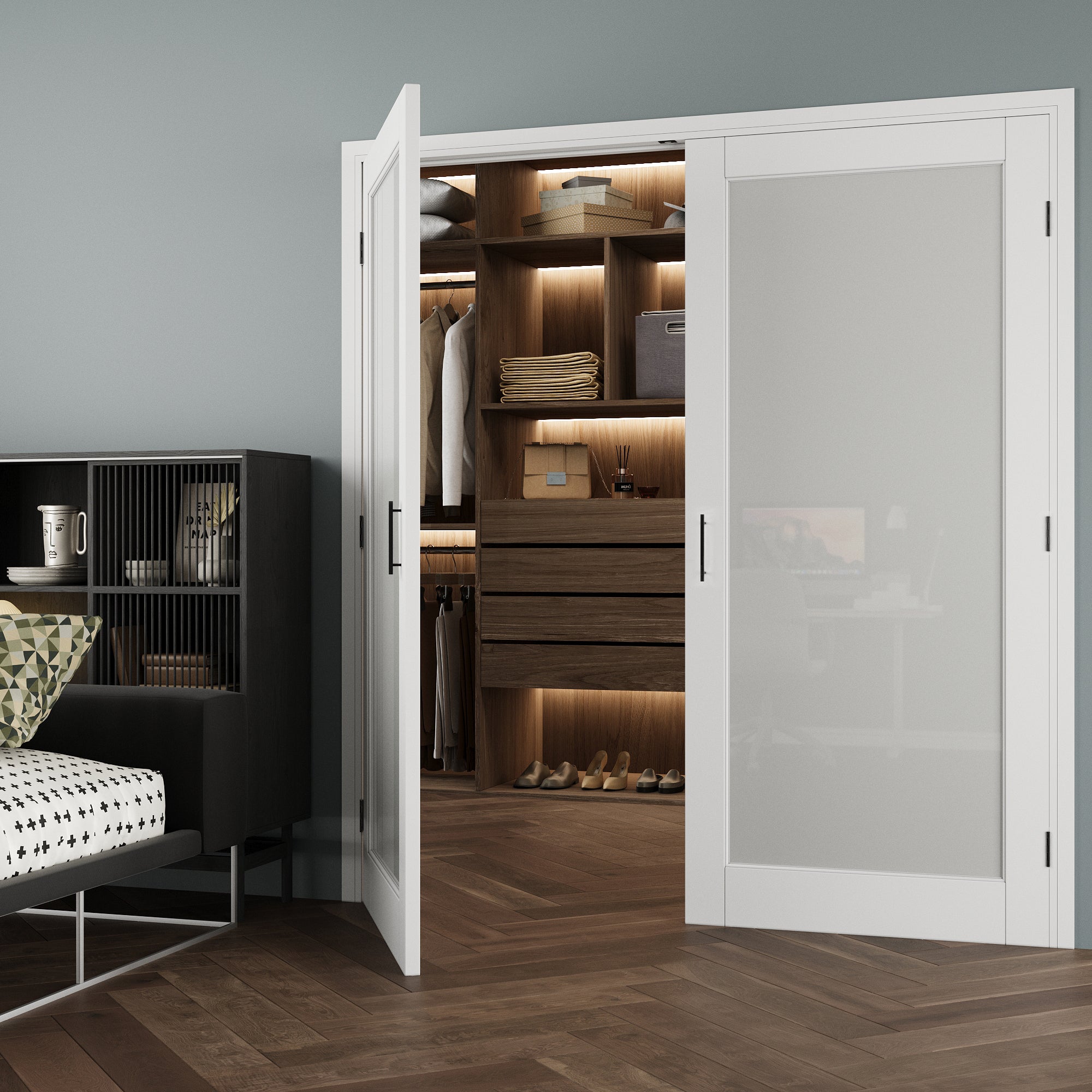 [Black Ball Catch Prehung French Door Collection] 1-Lite Frosted Glass White Solid Core Glass French Door Panels with Black Ball Catch Ready-to-Assemble Jamb