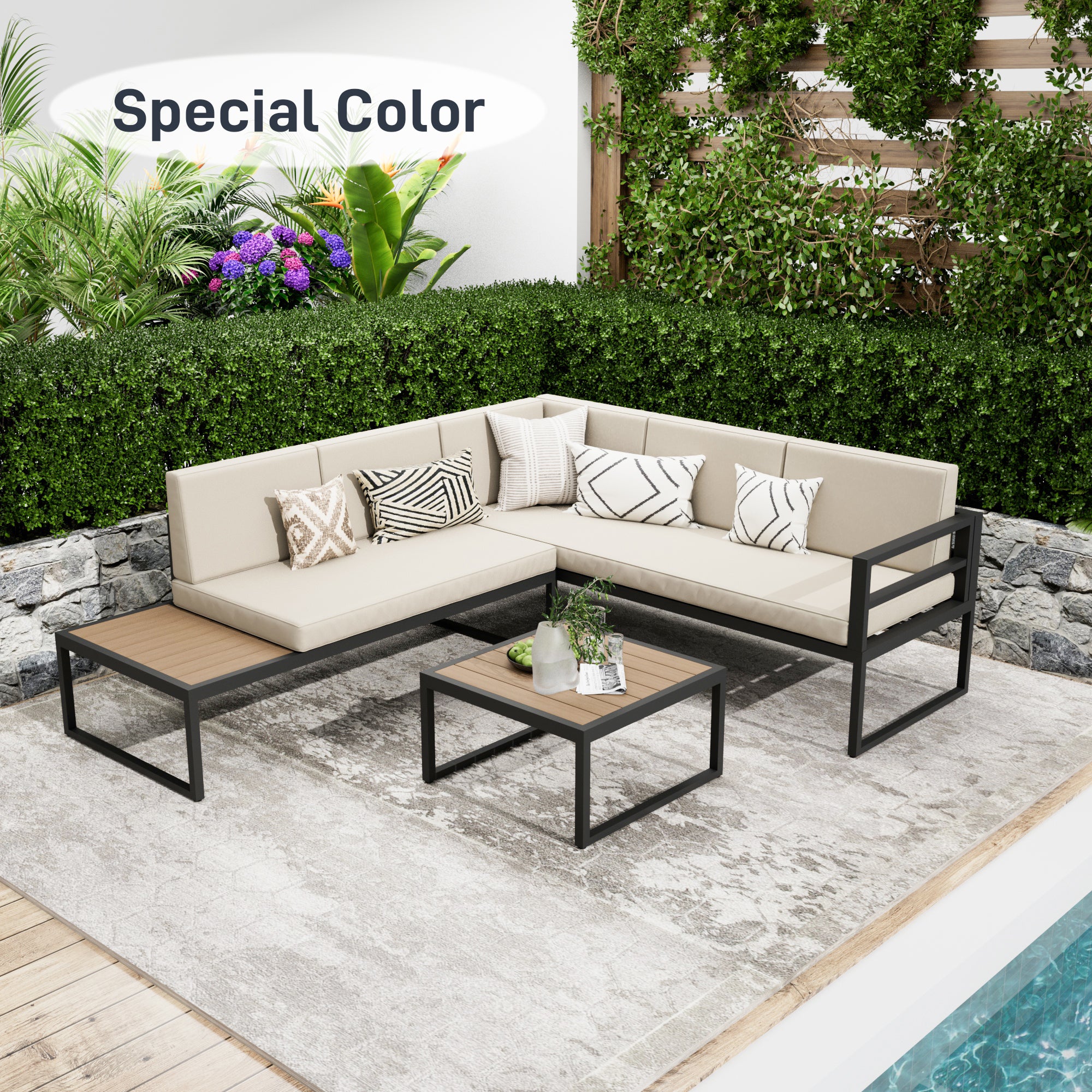 Ark Design 3 Piece Aluminum Outdoor Patio Furniture, with Beige & Gray 2 Sets Sofa Cushion Covers, Outdoor Seating Conversation Set with Coffee Table, with Dust Cover Option