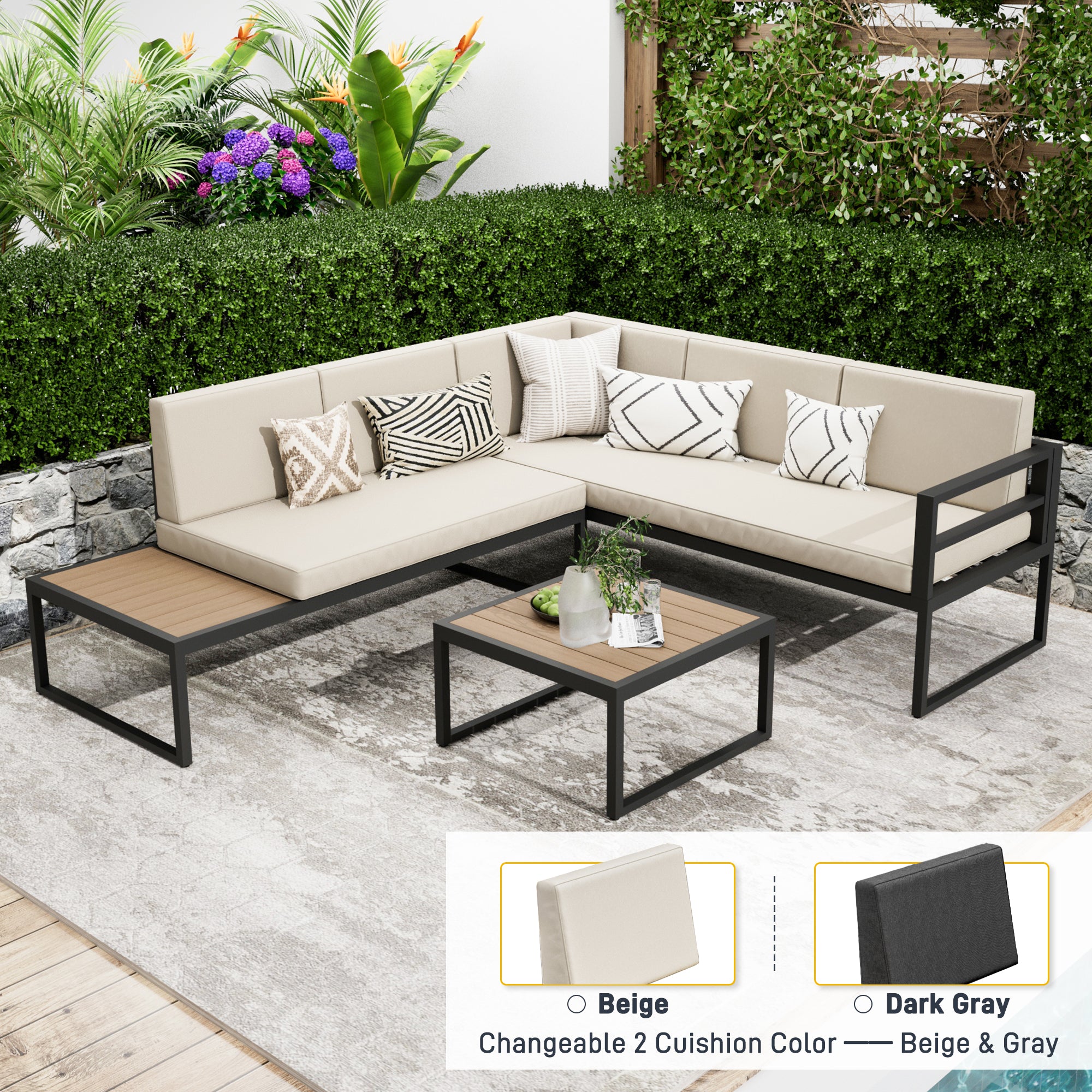 Ark Design Fire Pit Included 4 Piece Aluminum Outdoor Patio Furniture, with Beige & Gray 2 Sets Sofa Cushion Covers, Outdoor Seating Conversation Set with Coffee Table, with Dust Cover Option