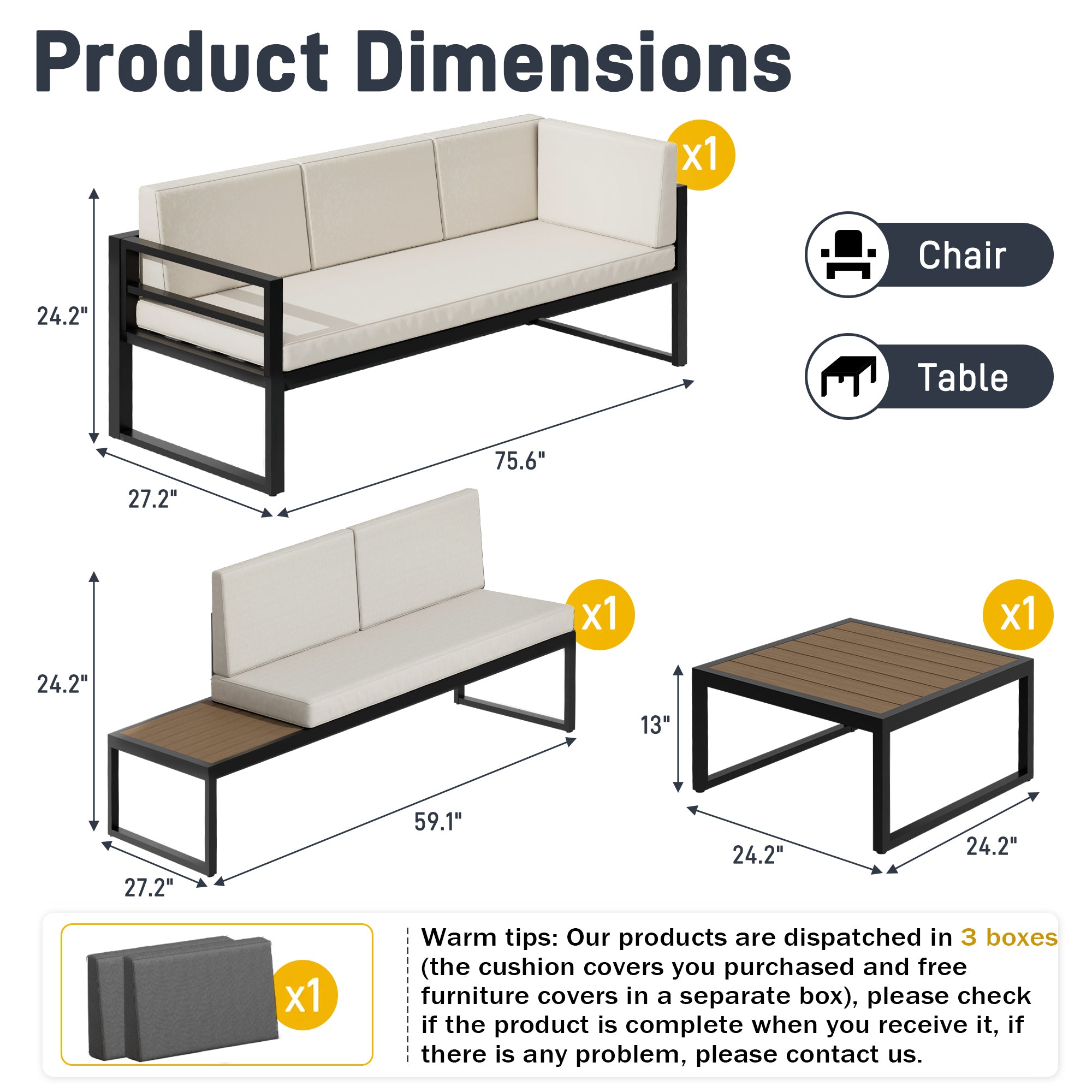 Ark Design 3 Piece Aluminum Outdoor Patio Furniture, with Beige & Gray 2 Sets Sofa Cushion Covers, Outdoor Seating Conversation Set with Coffee Table, with Dust Cover Option
