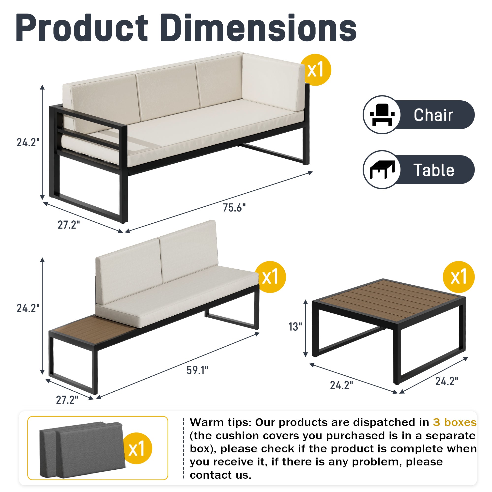 Ark Design 3 Piece Aluminum Outdoor Patio Furniture, with Beige & Gray 2 Sets Sofa Cushion Covers, Outdoor Seating Conversation Set with Coffee Table, with Dust Cover Option