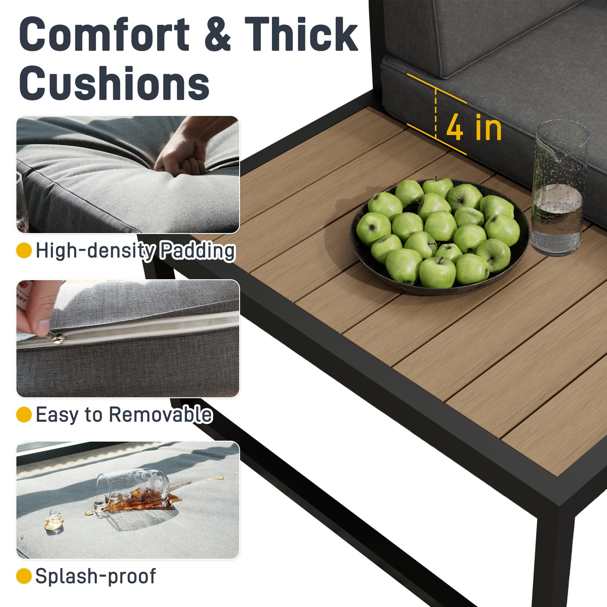 Ark Design Firepit Included 7 Piece Ready-to-Assemble Aluminum Patio Furniture Set Outdoor with Thicken Cushion Covers, Aluminum Sofa Set, Seating Conversation Set with Coffee Table, Waterproof & Washable, Gray, with Dust Cover and Firepit Option