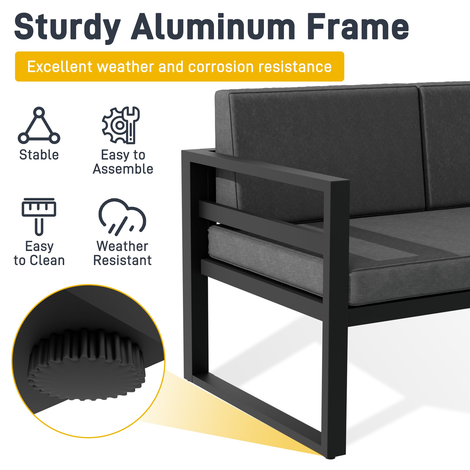 Ark Design Firepit Included 7 Piece Ready-to-Assemble Aluminum Patio Furniture Set Outdoor with Thicken Cushion Covers, Aluminum Sofa Set, Seating Conversation Set with Coffee Table, Waterproof & Washable, Gray, with Dust Cover and Firepit Option