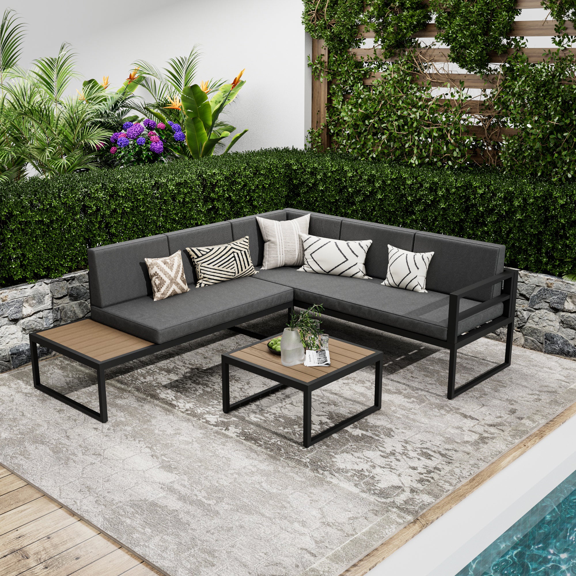 Ark Design Fire Pit Included 4 Piece Aluminum Patio Furniture Set with Comfort Cushion & Extra Side Table, Patio Sofa Set, Outdoor Seating Conversation Set with Coffee Table, Gray, with Dust Cover Option