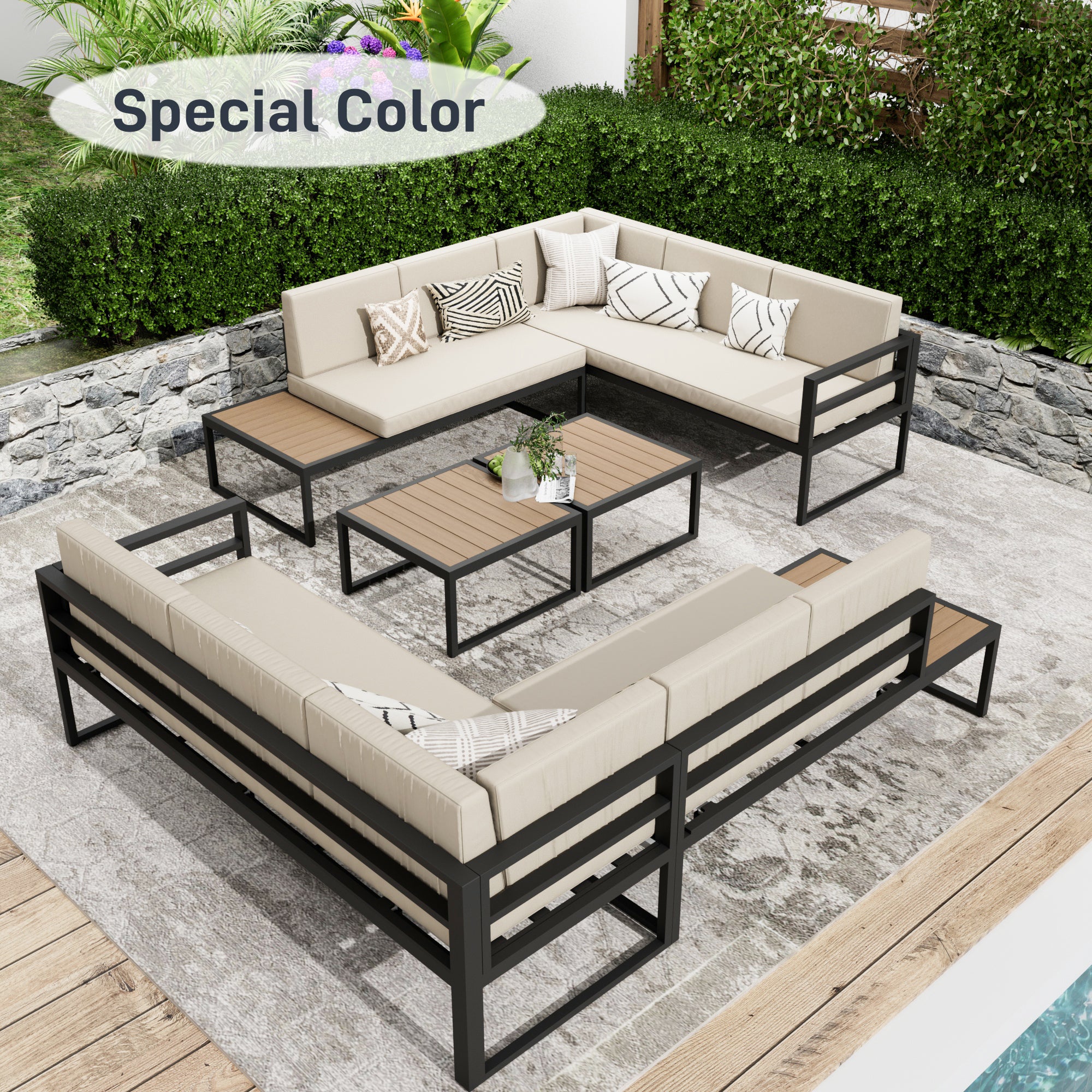 Ark Design 6 Piece Aluminum Outdoor Patio Furniture, with Beige & Gray 2 Sets Sofa Cushion Covers, Outdoor Seating Conversation Set with Coffee Table, with Dust Cover Option