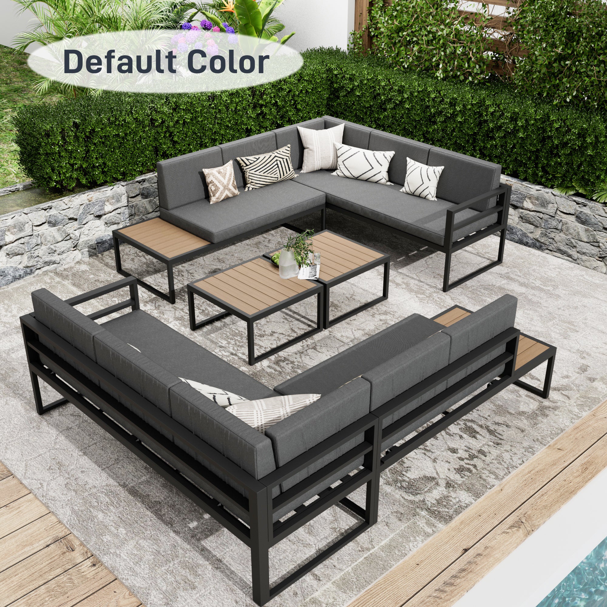 Ark Design Fire Pit Included 7 Piece Aluminum Outdoor Patio Furniture, with Beige & Gray 2 Sets Sofa Cushion Covers, Outdoor Seating Conversation Set with Coffee Table, with Dust Cover Option
