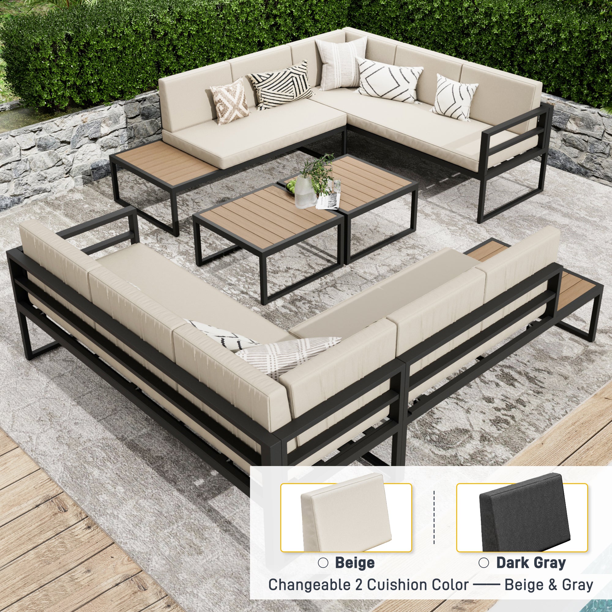 Ark Design Fire Pit Included 7 Piece Aluminum Outdoor Patio Furniture, with Beige & Gray 2 Sets Sofa Cushion Covers, Outdoor Seating Conversation Set with Coffee Table, with Dust Cover Option