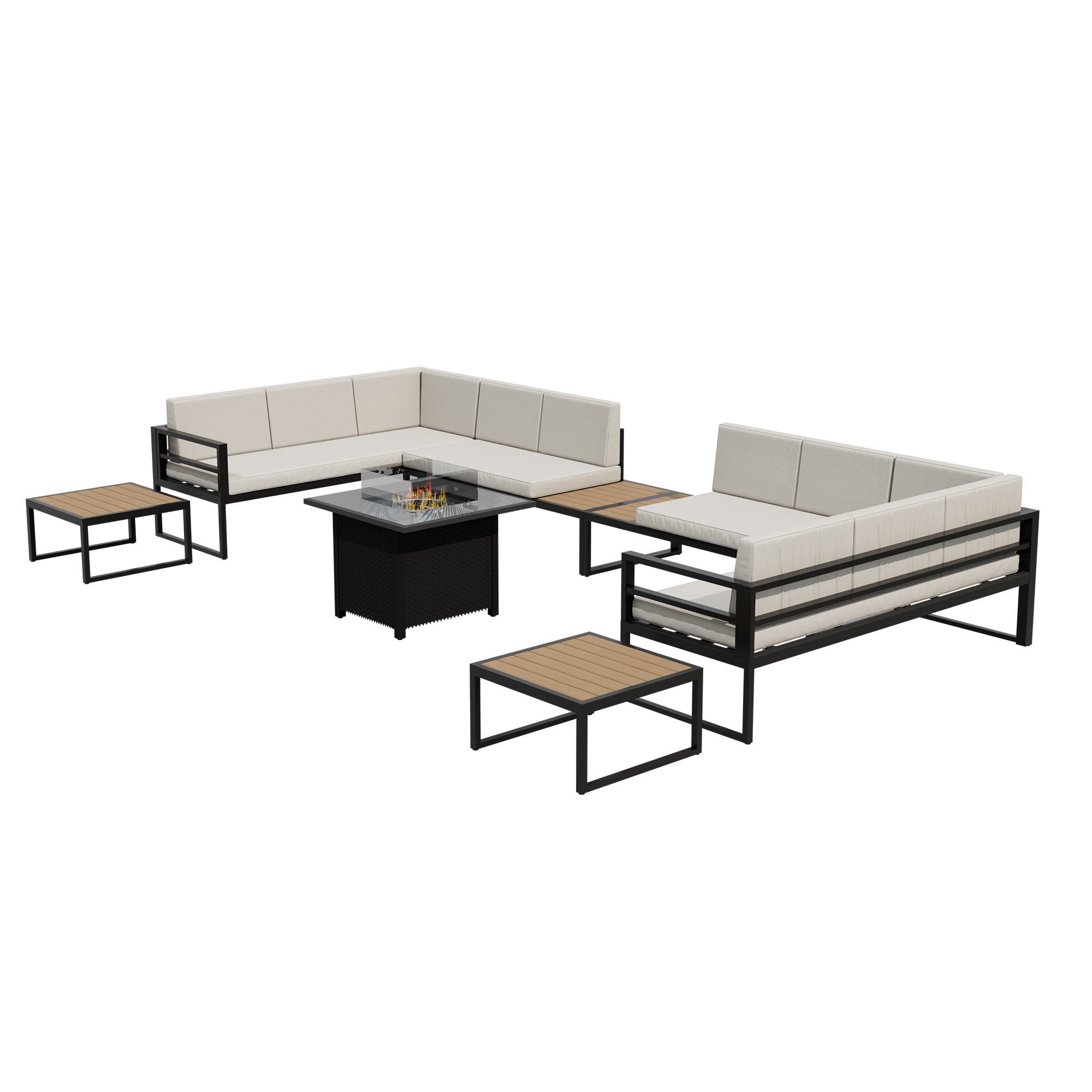 Ark Design Fire Pit Included 7 Piece Aluminum Outdoor Patio Furniture, with Beige & Gray 2 Sets Sofa Cushion Covers, Outdoor Seating Conversation Set with Coffee Table, with Dust Cover Option