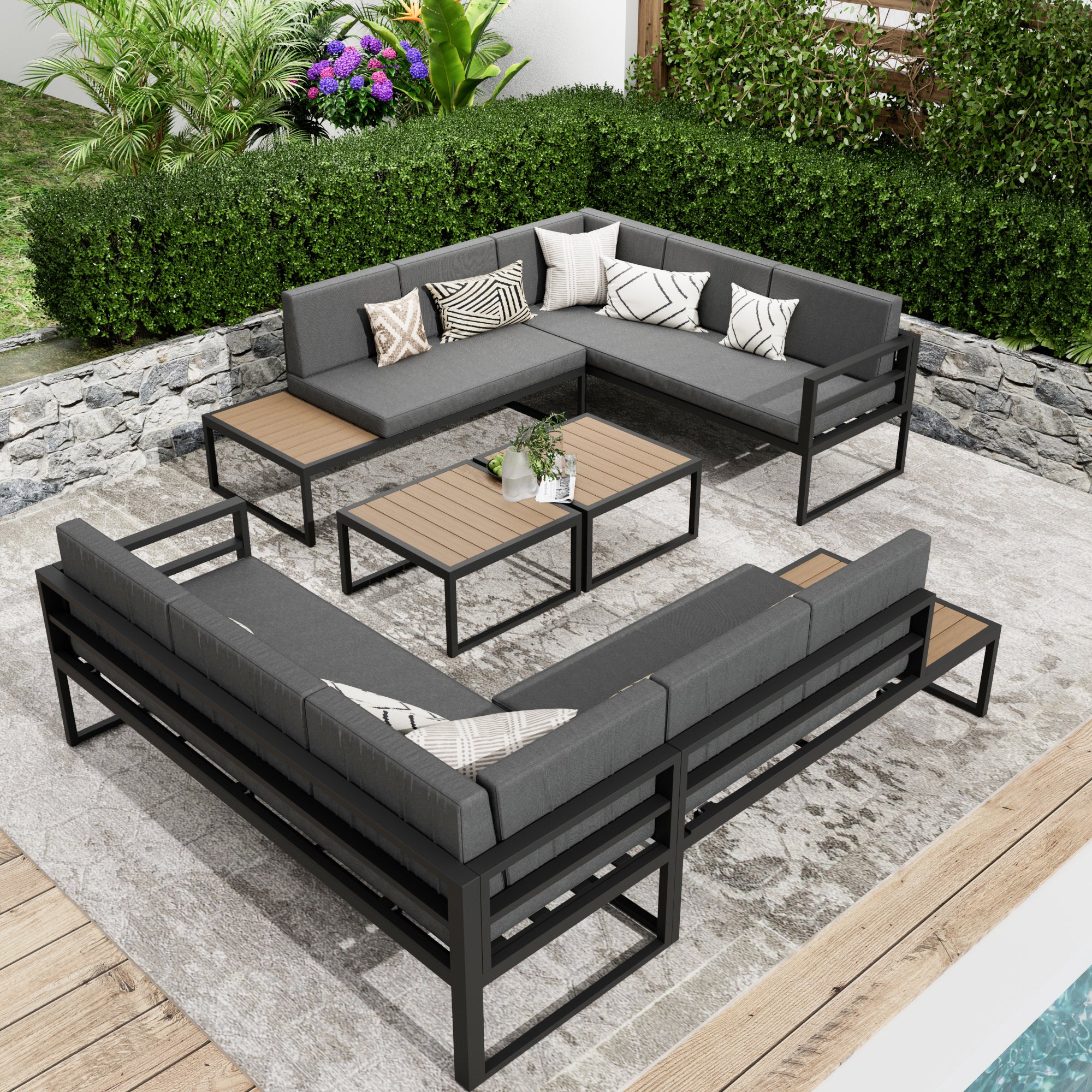 Ark Design Firepit Included 7 Piece Ready-to-Assemble Aluminum Patio Furniture Set Outdoor with Thicken Cushion Covers, Aluminum Sofa Set, Seating Conversation Set with Coffee Table, Waterproof & Washable, Gray, with Dust Cover and Firepit Option