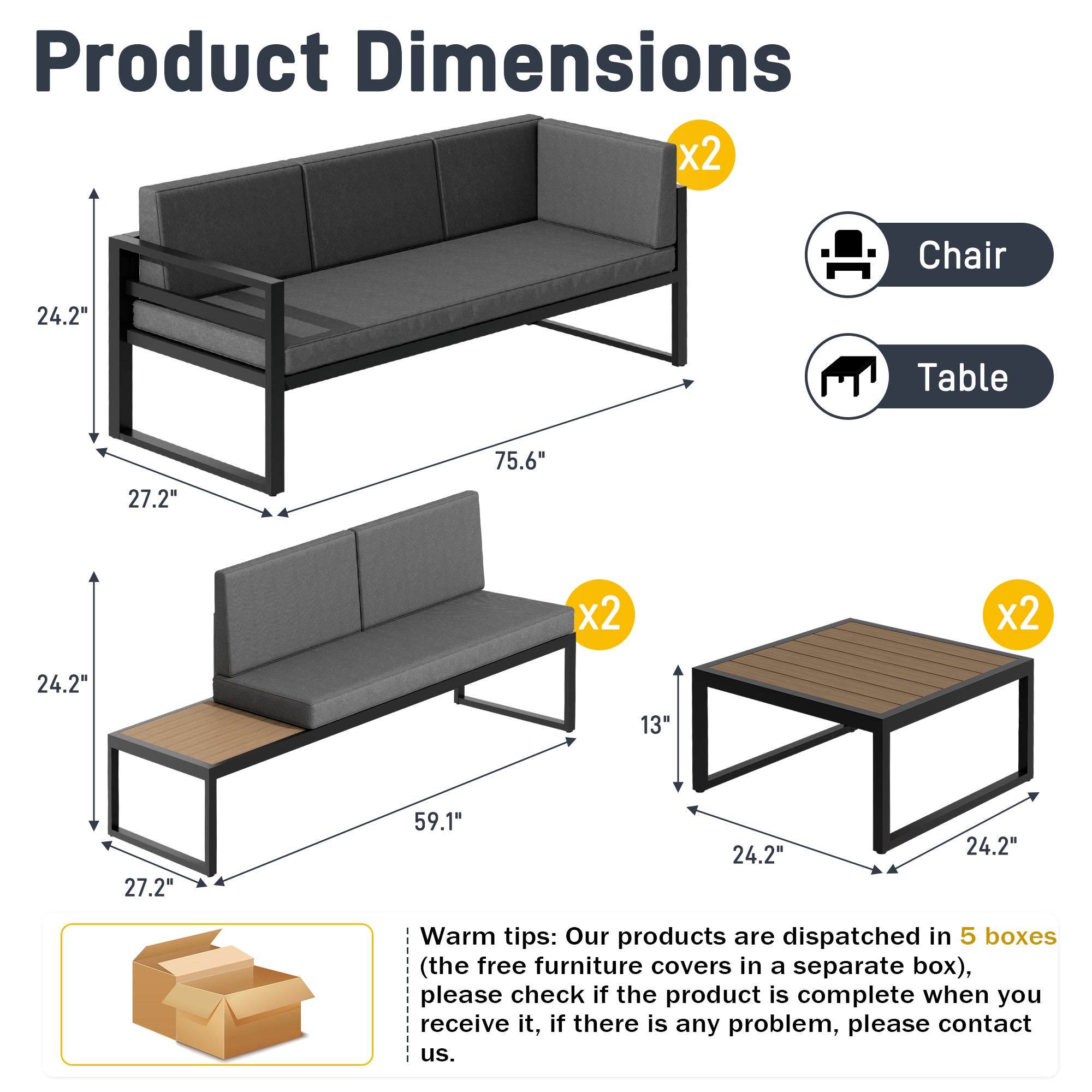 Ark Design Firepit Included 7 Piece Ready-to-Assemble Aluminum Patio Furniture Set Outdoor with Thicken Cushion Covers, Aluminum Sofa Set, Seating Conversation Set with Coffee Table, Waterproof & Washable, Gray, with Dust Cover and Firepit Option