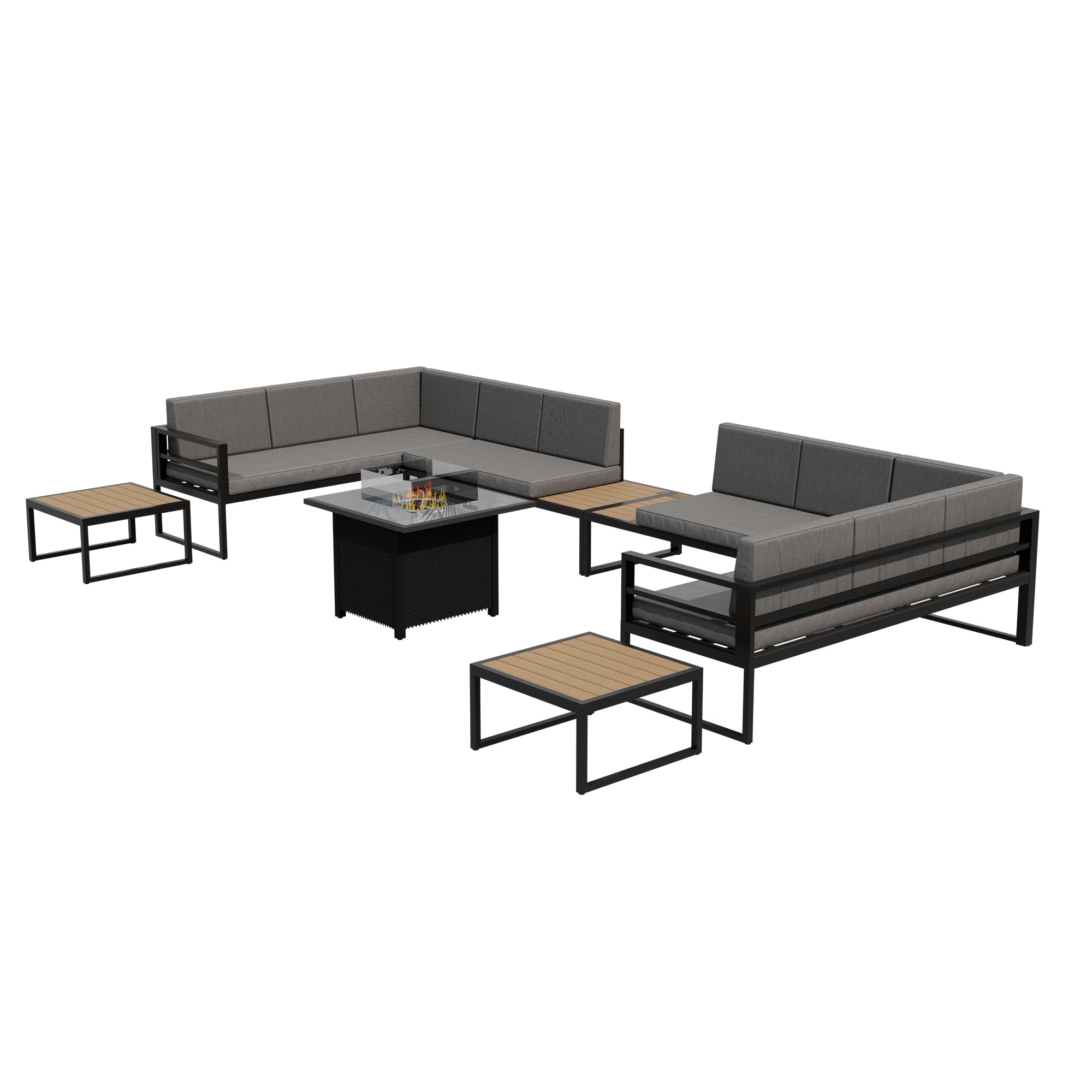 Ark Design Firepit Included 7 Piece Ready-to-Assemble Aluminum Patio Furniture Set Outdoor with Thicken Cushion Covers, Aluminum Sofa Set, Seating Conversation Set with Coffee Table, Waterproof & Washable, Gray, with Dust Cover and Firepit Option