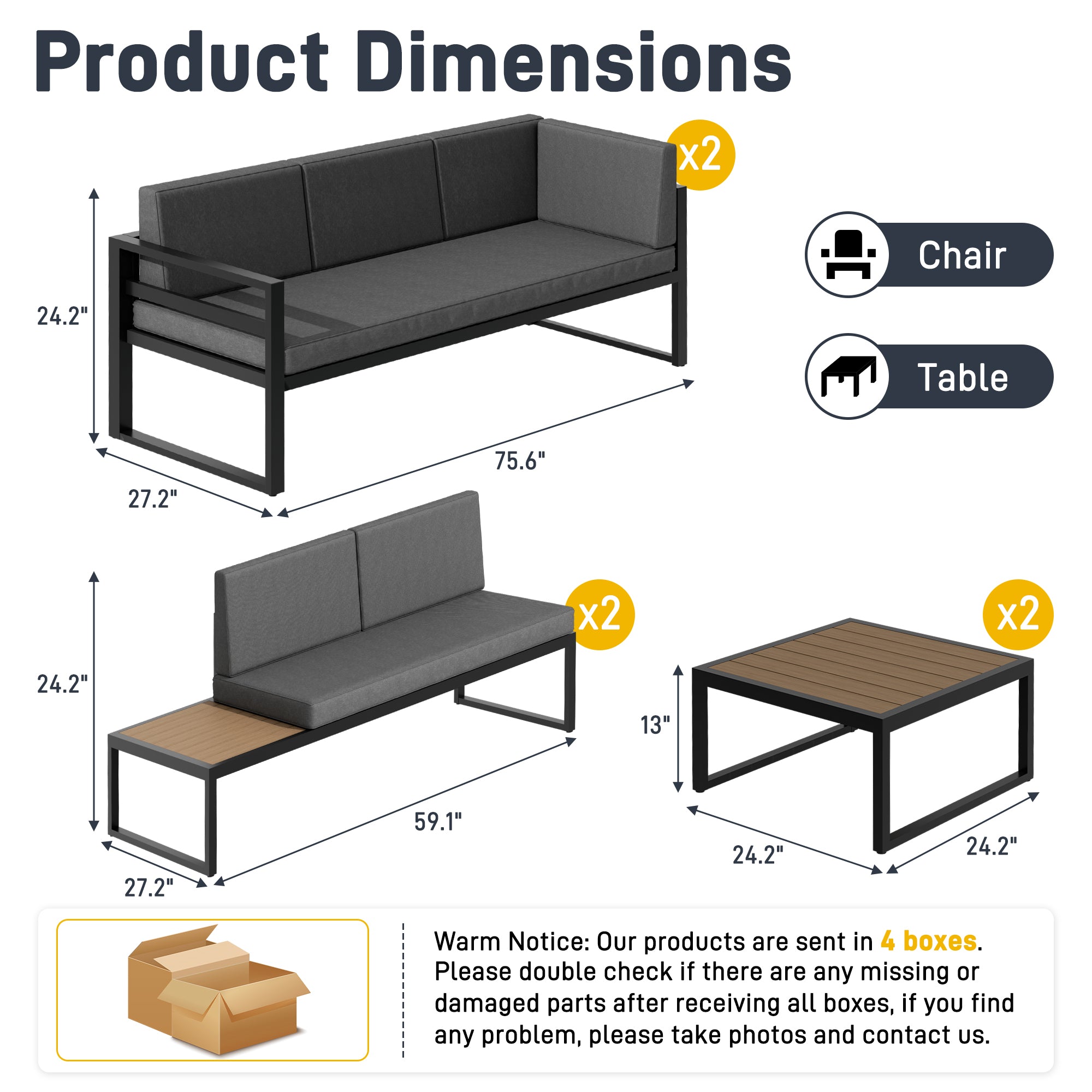 Ark Design Firepit Included 7 Piece Ready-to-Assemble Aluminum Patio Furniture Set Outdoor with Thicken Cushion Covers, Aluminum Sofa Set, Seating Conversation Set with Coffee Table, Waterproof & Washable, Gray, with Dust Cover and Firepit Option