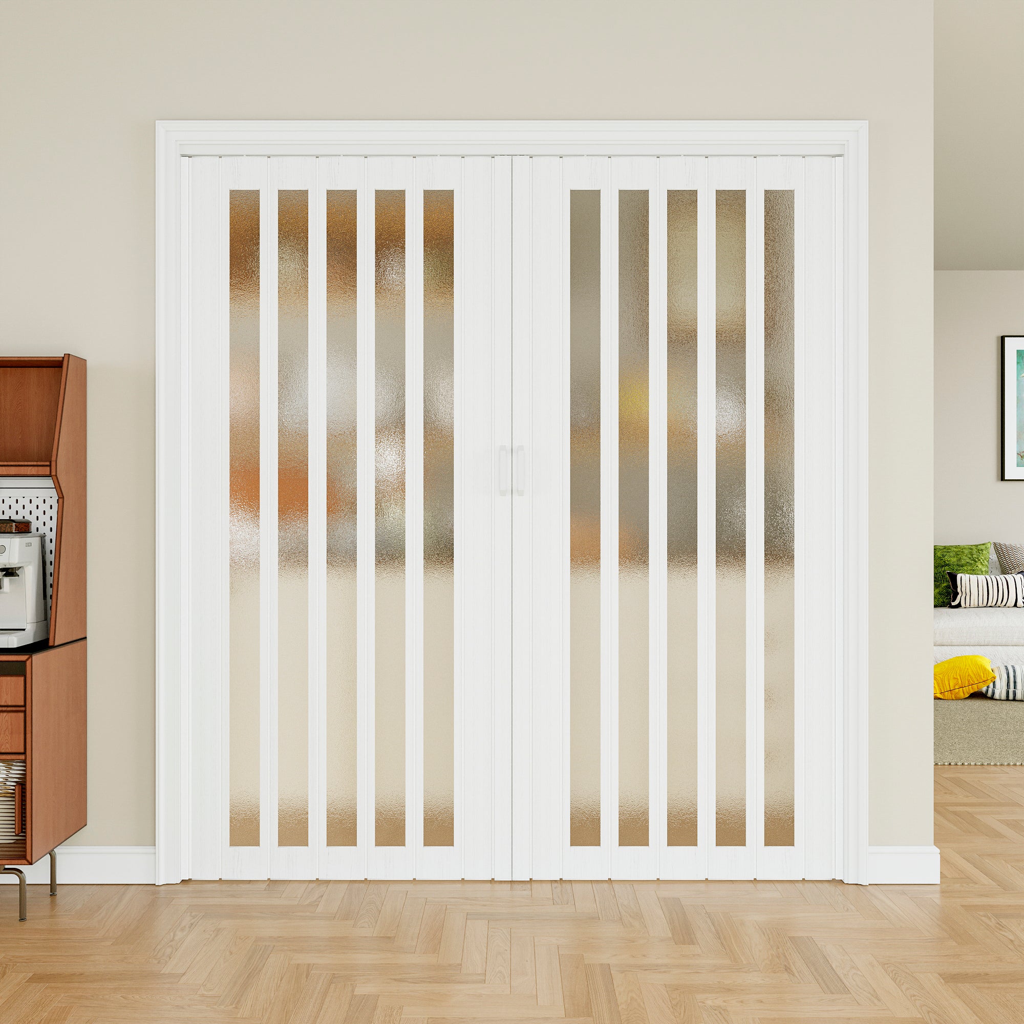 Ark Design Upgrade Dual Layer Vinyl Accordion Door with Handles and Magnetic Door Lock, 1-Lite Frosted Acrylic Glass, White