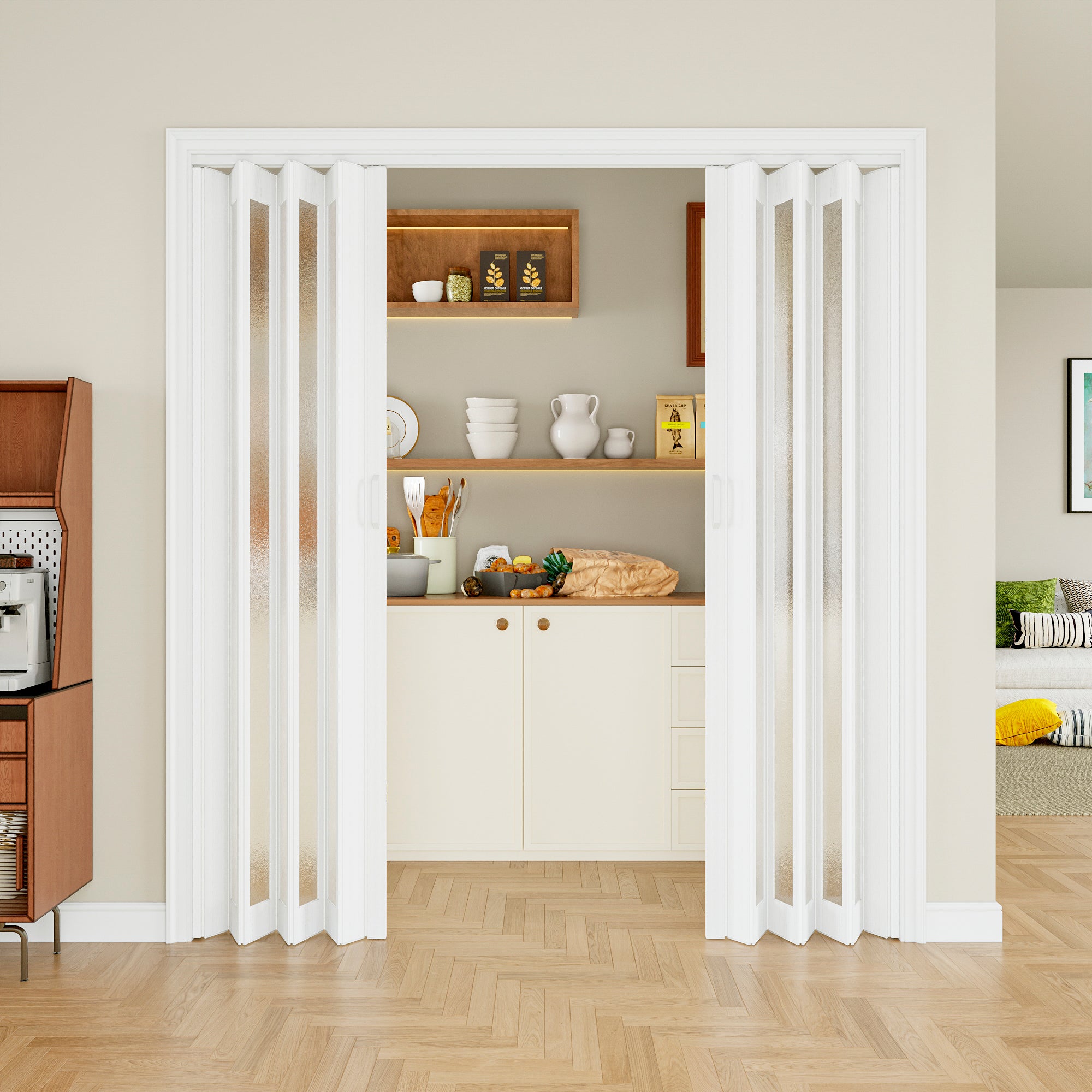 Ark Design Upgrade Dual Layer Vinyl Accordion Door with Handles and Magnetic Door Lock, 1-Lite Frosted Acrylic Glass, White