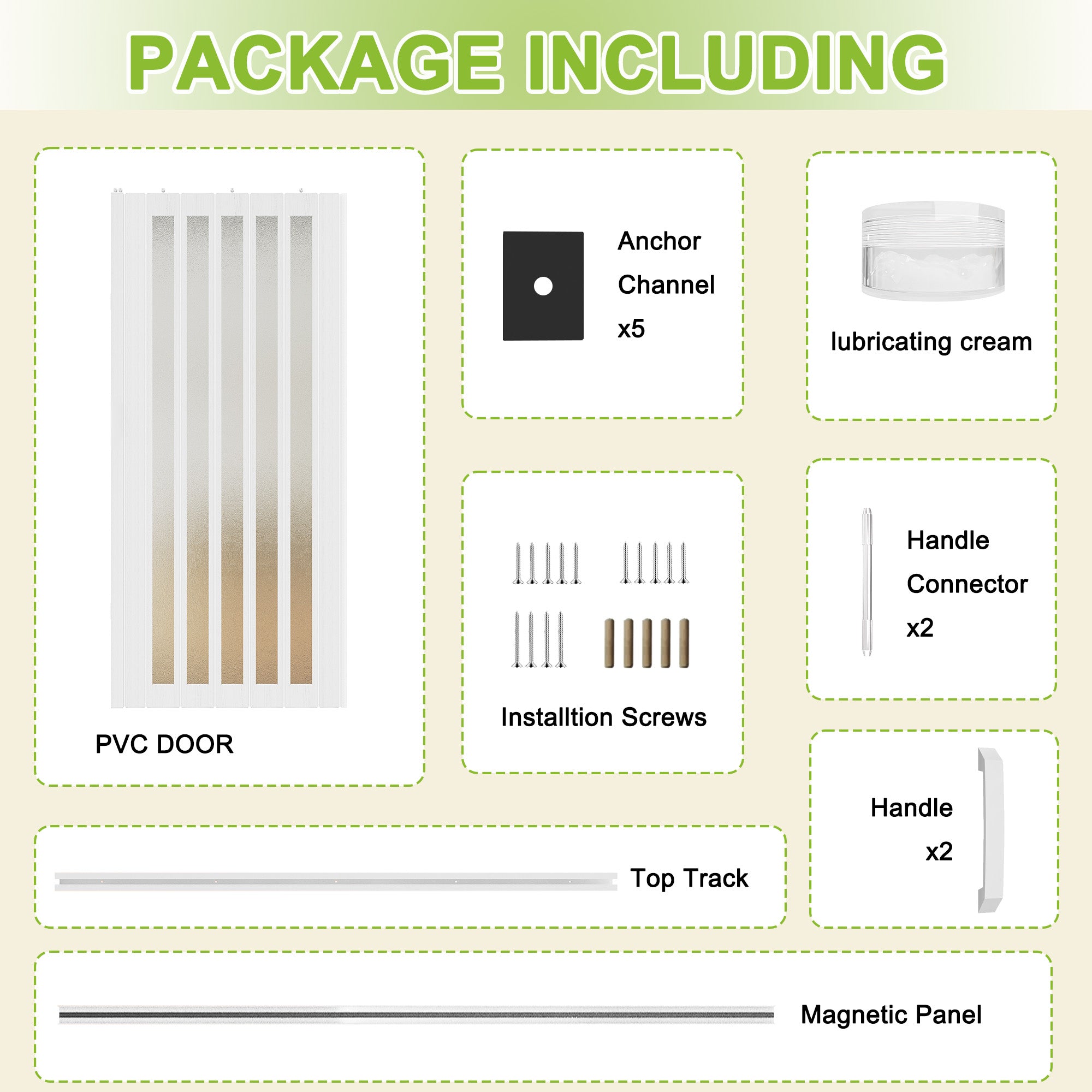 Ark Design Upgrade Dual Layer Vinyl Accordion Door with Handles and Magnetic Door Lock, 1-Lite Frosted Acrylic Glass, White