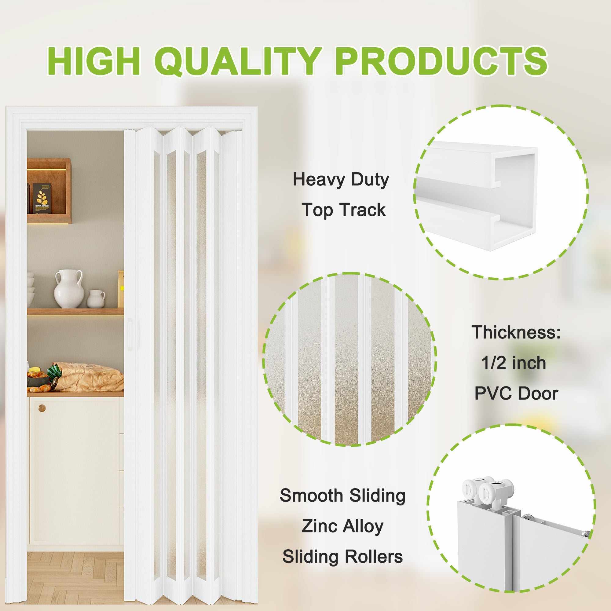 Ark Design Upgrade Dual Layer Vinyl Accordion Door with Handles and Magnetic Door Lock, 1-Lite Frosted Acrylic Glass, White