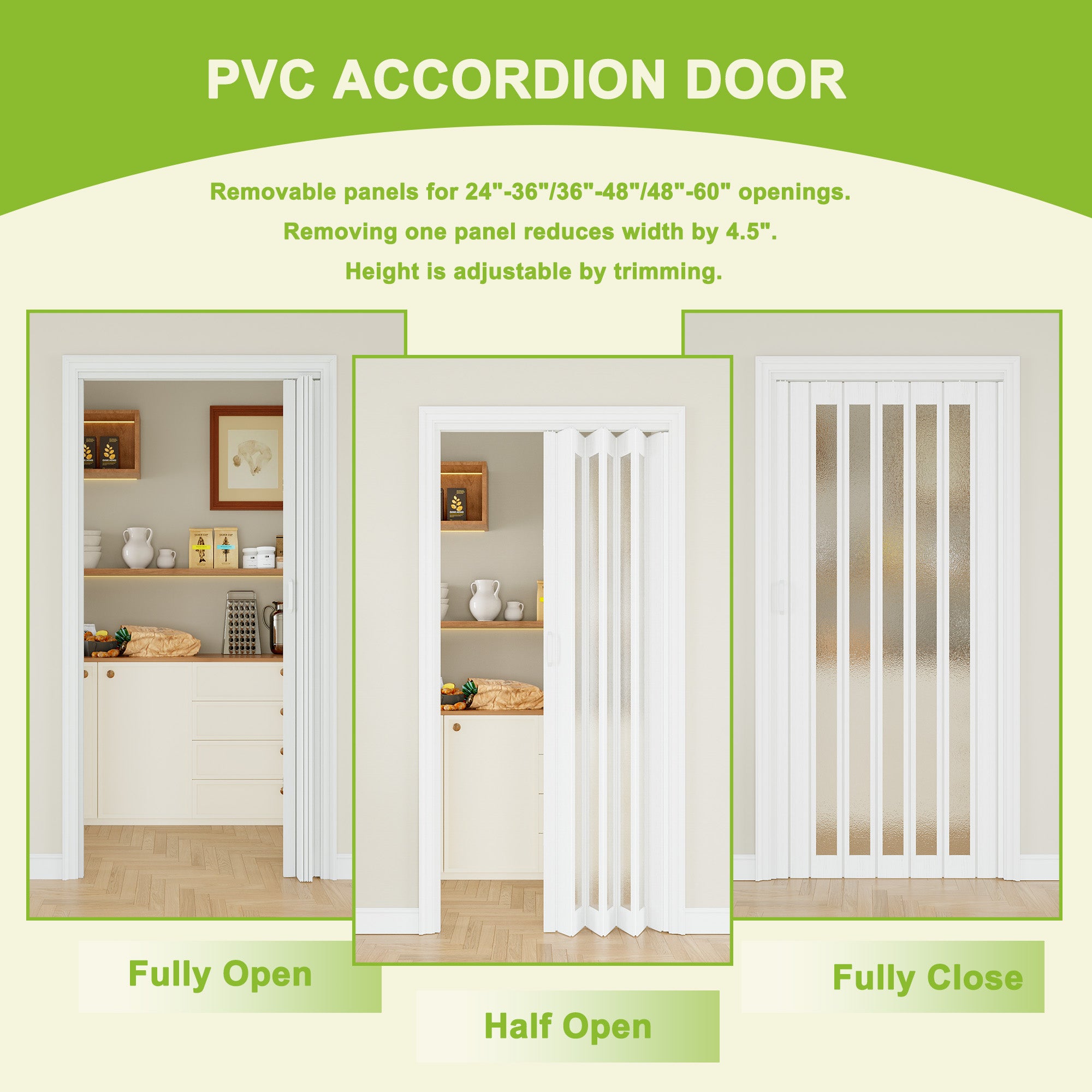 Ark Design Upgrade Dual Layer Vinyl Accordion Door with Handles and Magnetic Door Lock, 1-Lite Frosted Acrylic Glass, White