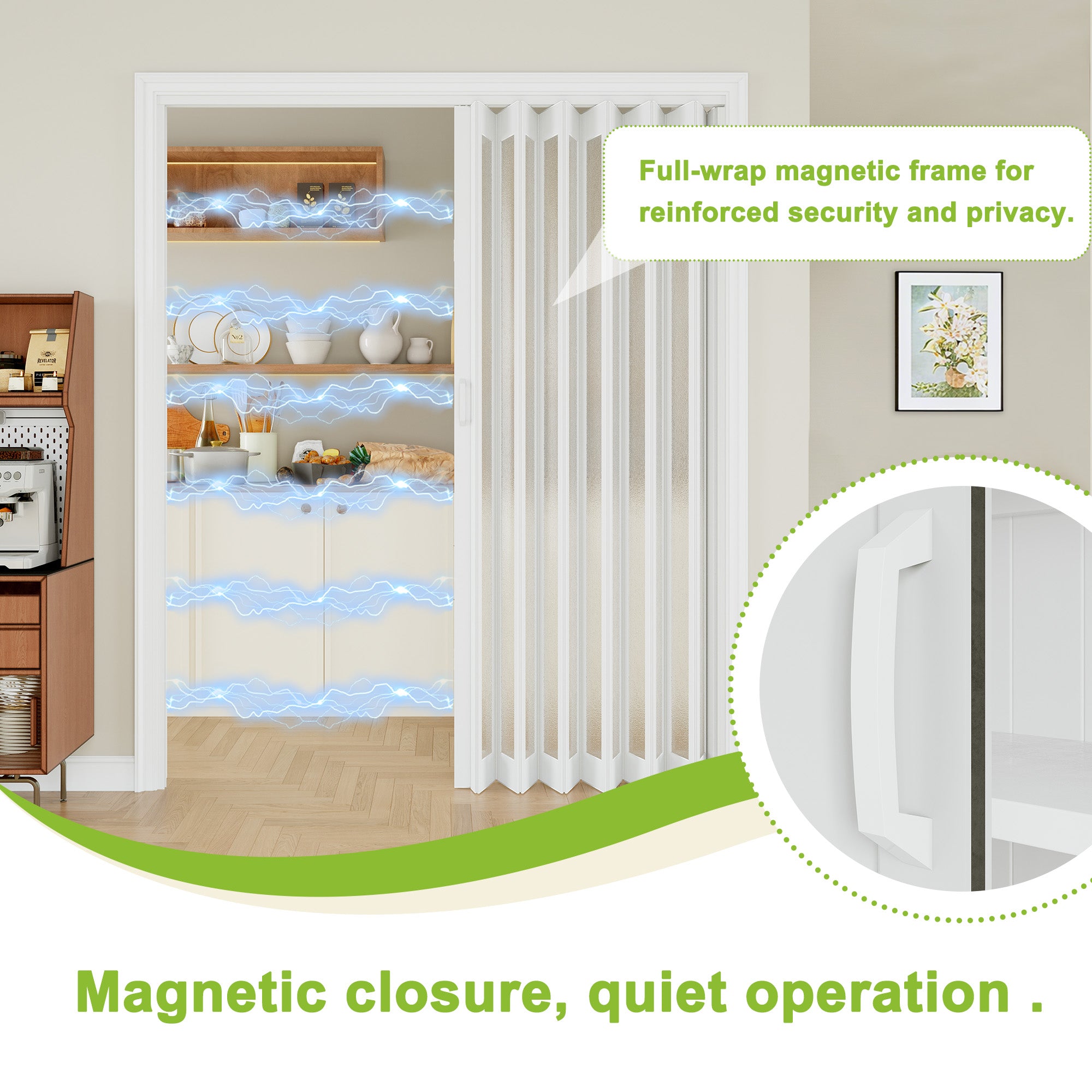 Ark Design Upgrade Dual Layer Vinyl Accordion Door with Handles and Magnetic Door Lock, 1-Lite Frosted Acrylic Glass, White