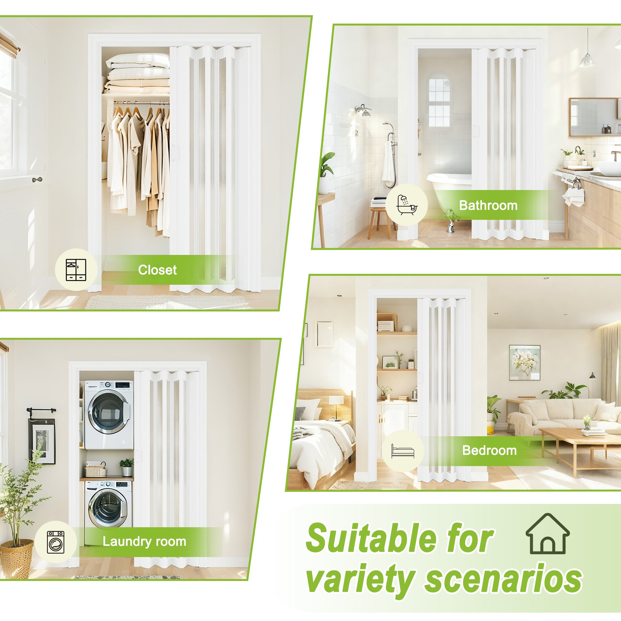 Ark Design Upgrade Dual Layer Vinyl Accordion Door with Handles and Magnetic Door Lock, 1-Lite Frosted Acrylic Glass, White