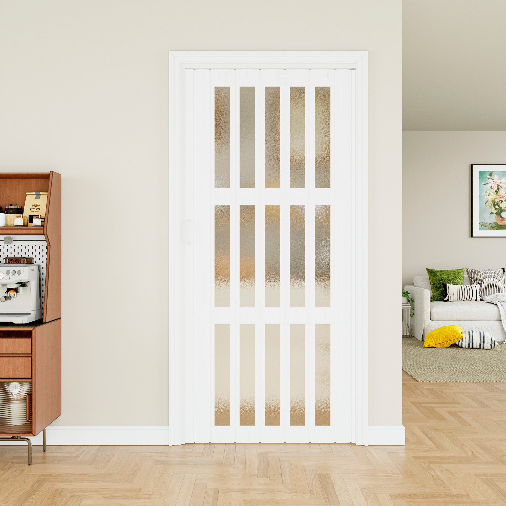 Ark Design Upgrade Dual Layer Vinyl Accordion Door with Handles and Magnetic Door Lock, 3-Lite Acrylic Glass