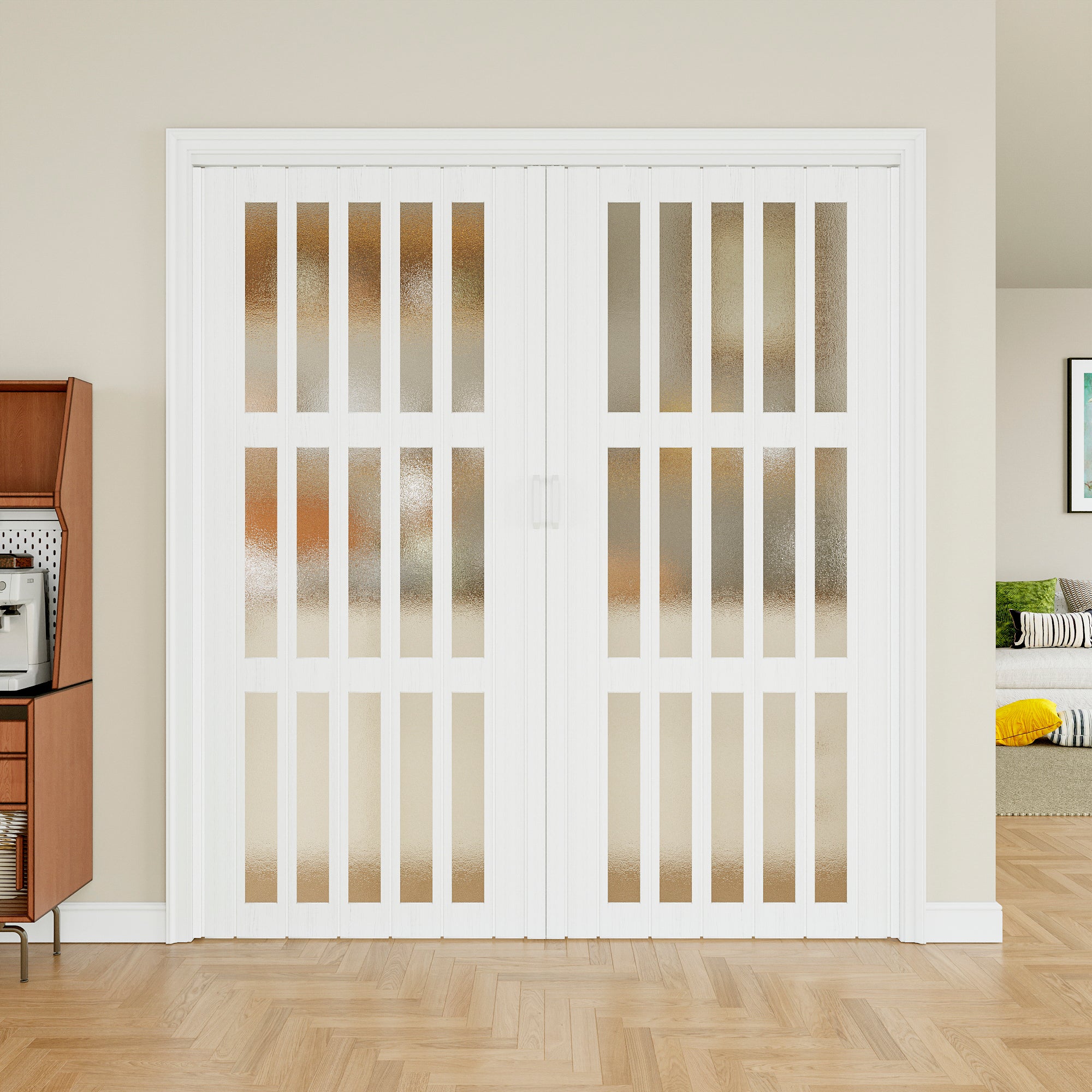 Ark Design Upgrade Dual Layer Vinyl Accordion Door with Handles and Magnetic Door Lock, 3-Lite Acrylic Glass