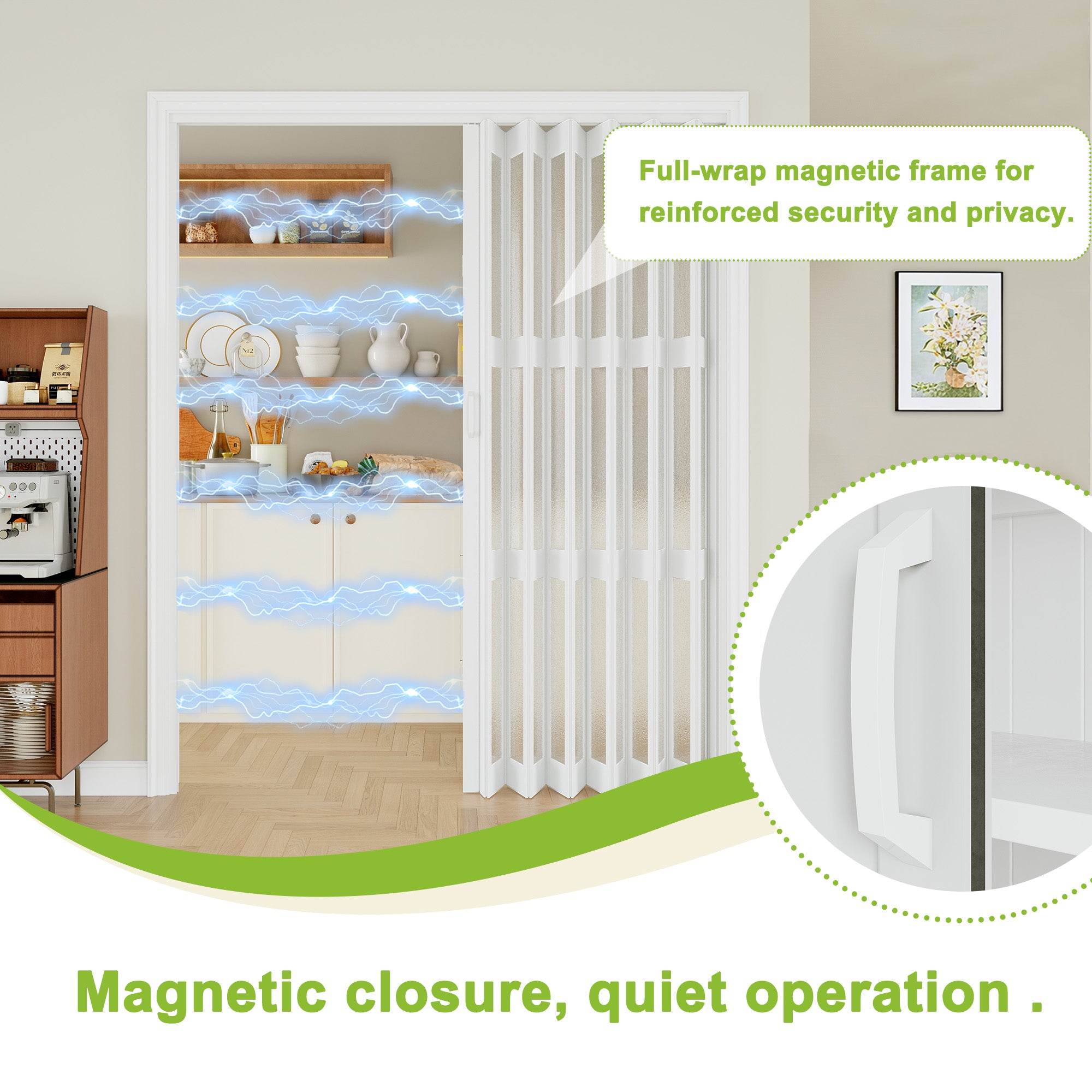 Ark Design Upgrade Dual Layer Vinyl Accordion Door with Handles and Magnetic Door Lock, 3-Lite Acrylic Glass