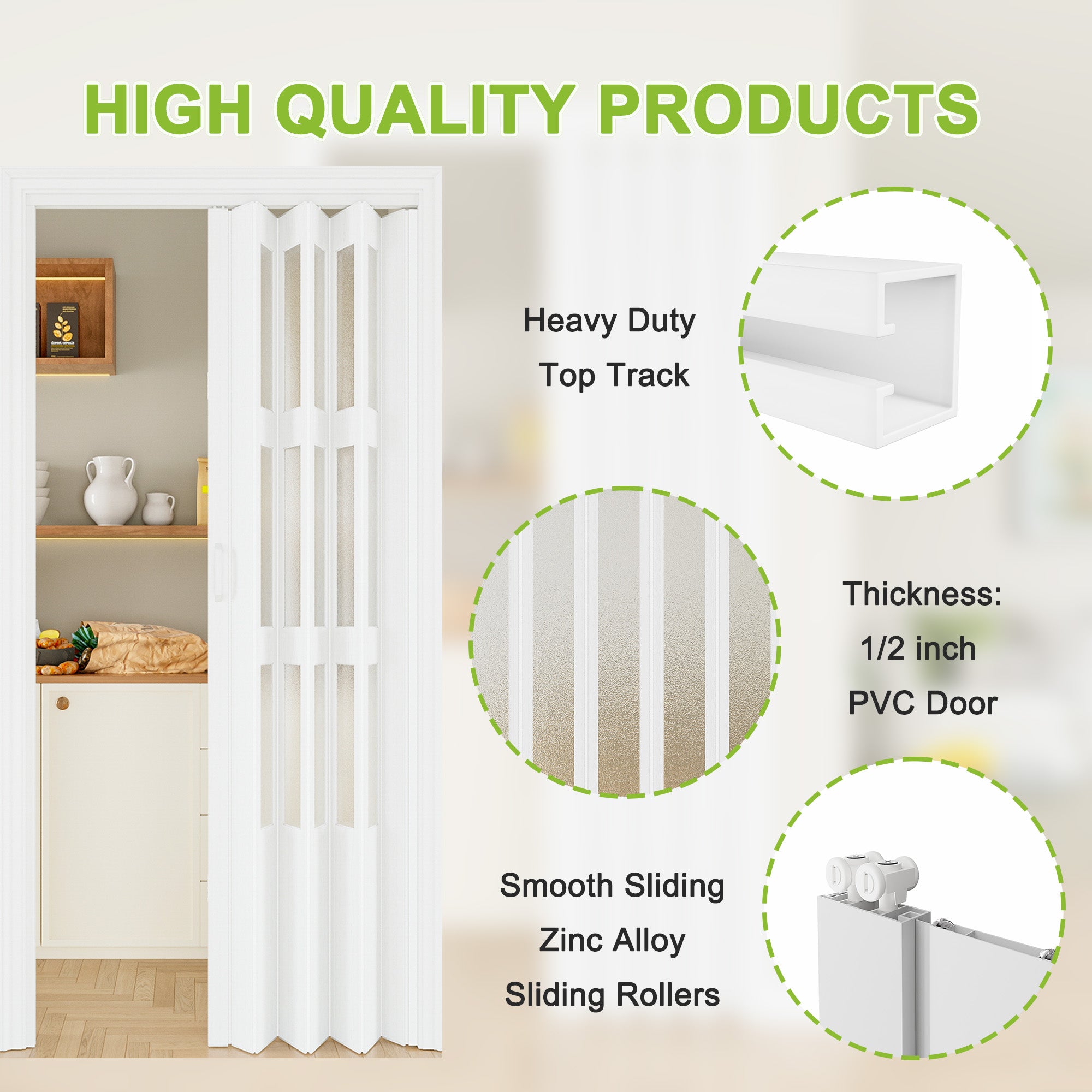 Ark Design Upgrade Dual Layer Vinyl Accordion Door with Handles and Magnetic Door Lock, 3-Lite Frosted Acrylic Glass, White