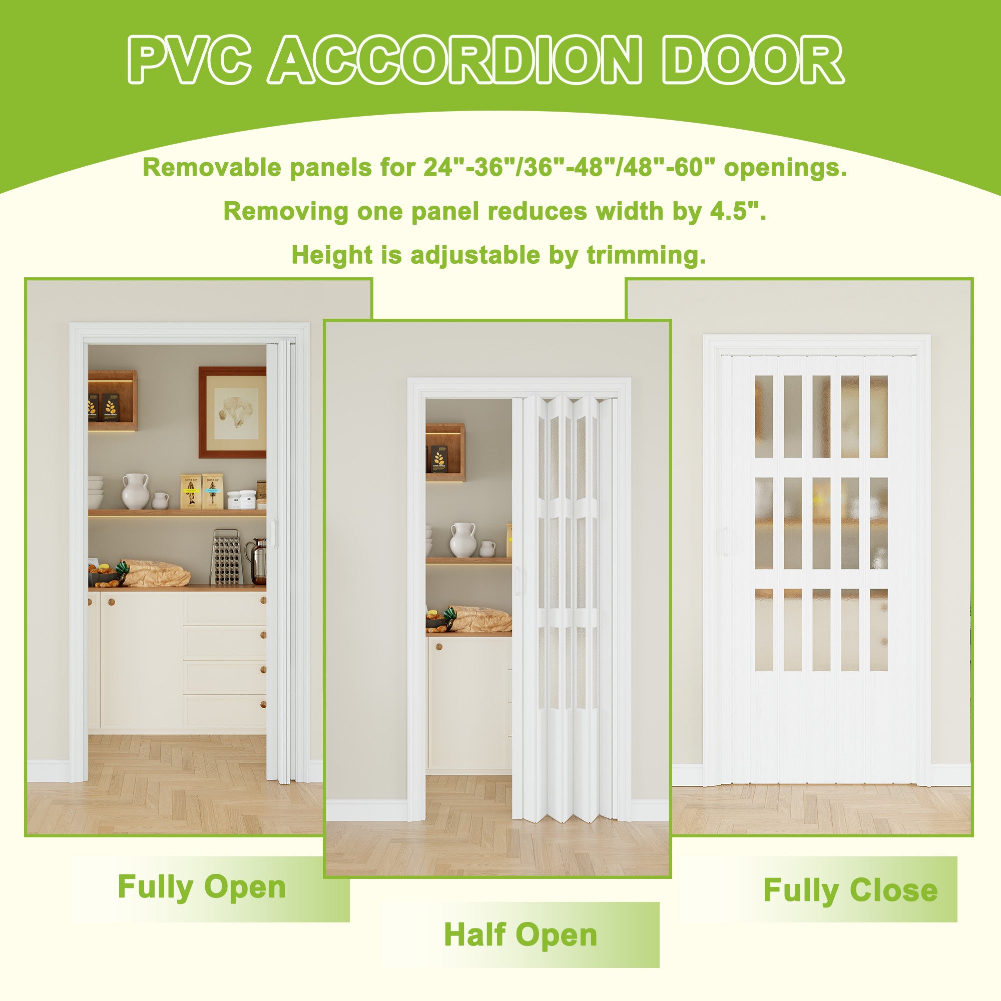 Ark Design Upgrade Dual Layer Vinyl Accordion Door with Handles and Magnetic Door Lock, 3-Lite Frosted Acrylic Glass, White