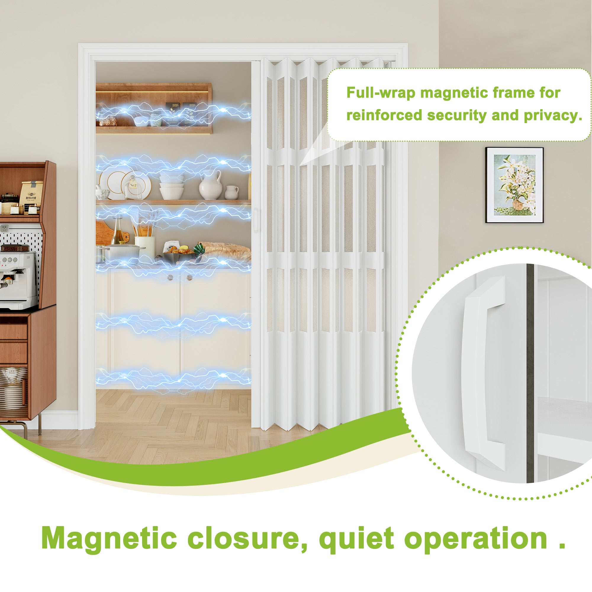 Ark Design Upgrade Dual Layer Vinyl Accordion Door with Handles and Magnetic Door Lock, 3-Lite Frosted Acrylic Glass, White