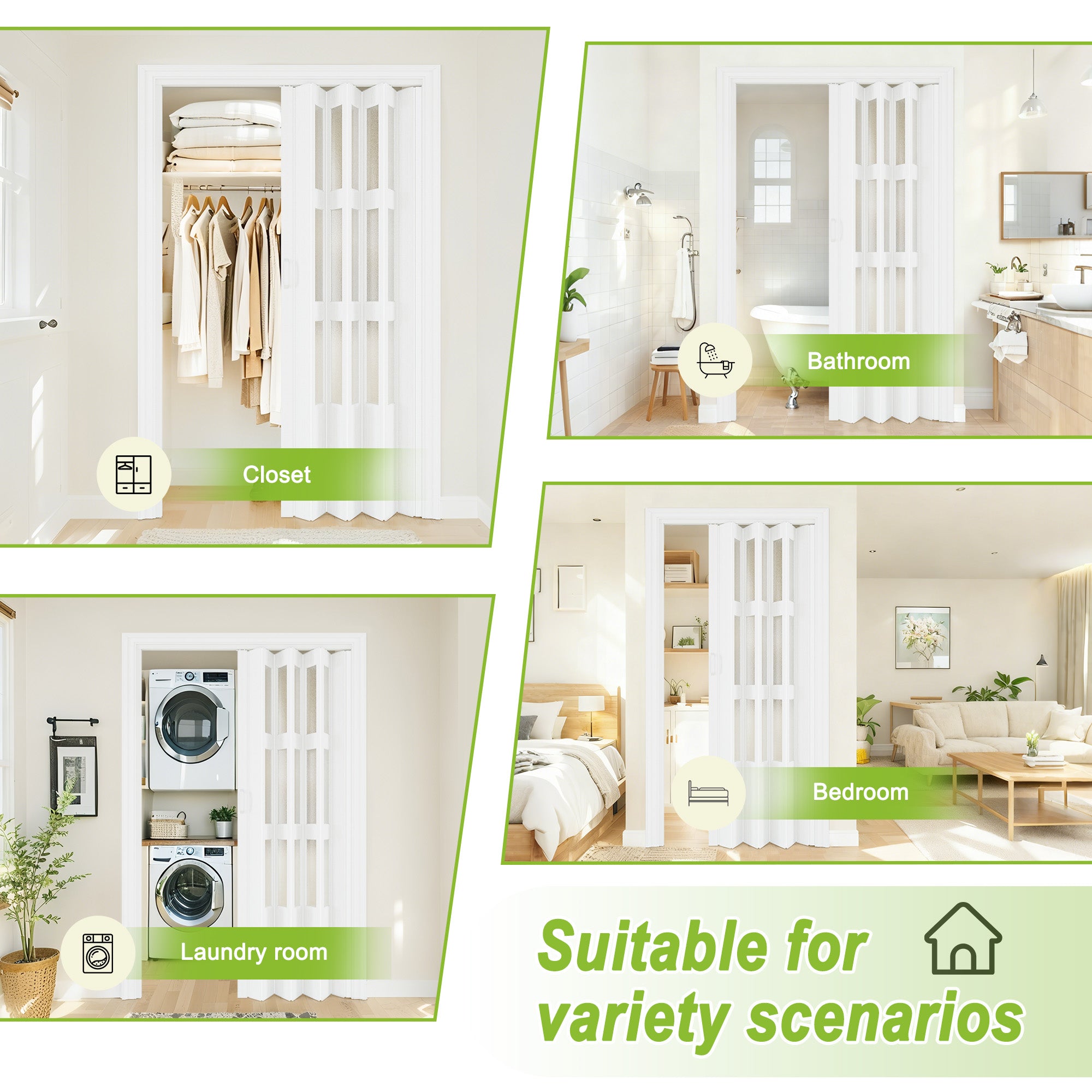 Ark Design Upgrade Dual Layer Vinyl Accordion Door with Handles and Magnetic Door Lock, 3-Lite Frosted Acrylic Glass, White