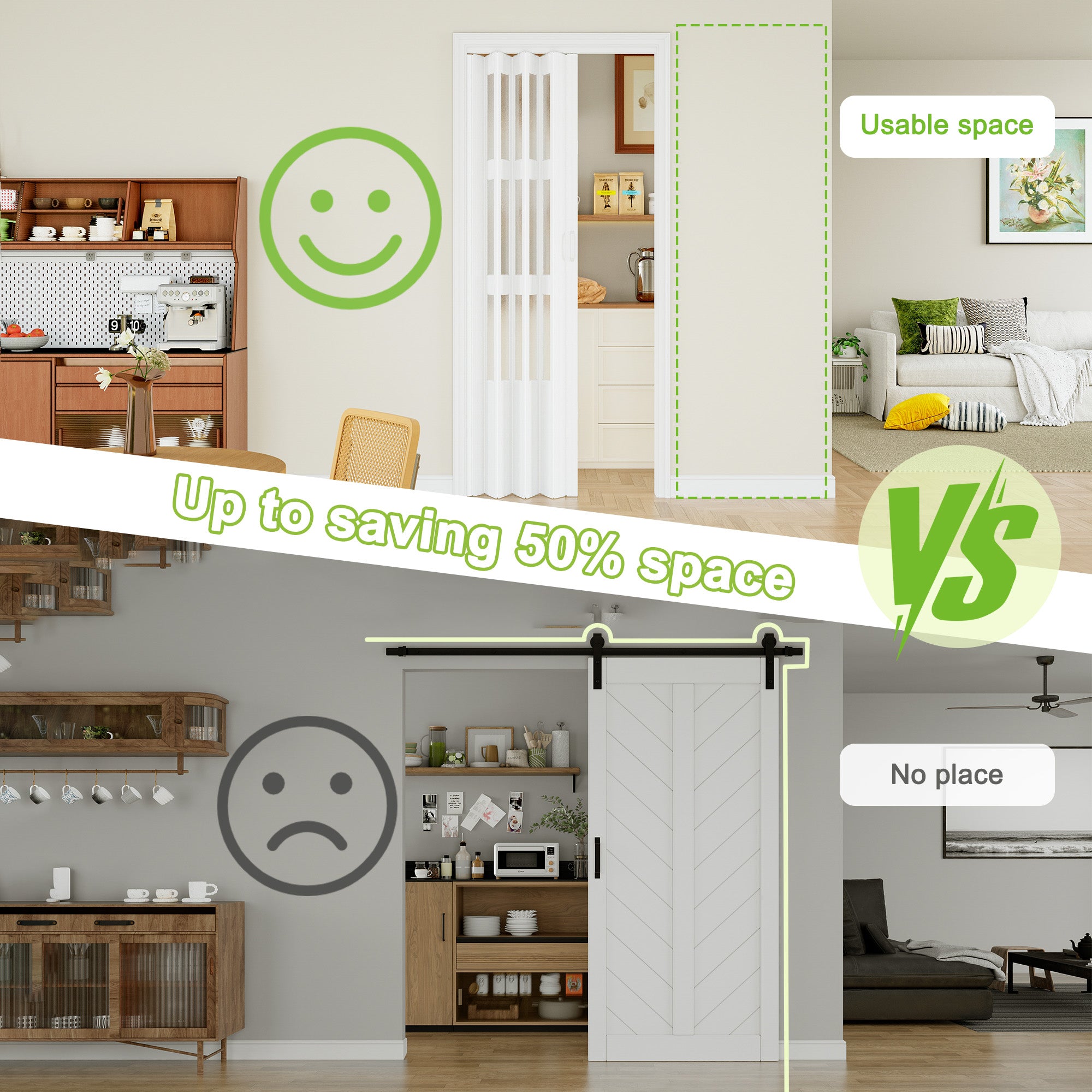 Ark Design Upgrade Dual Layer Vinyl Accordion Door with Handles and Magnetic Door Lock, 3-Lite Frosted Acrylic Glass, White