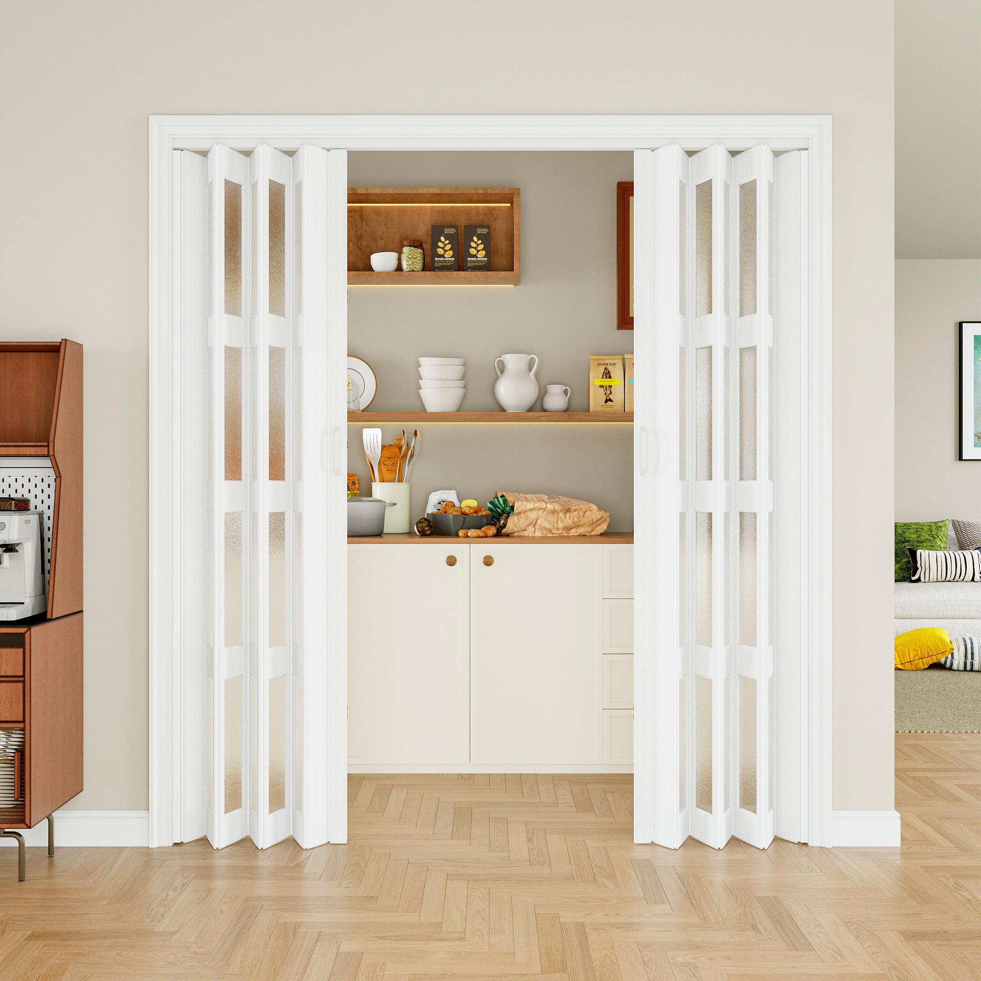 Ark Design Upgrade Dual Layer Vinyl Accordion Door with Handles and Magnetic Door Lock, 4-Lite Frosted Acrylic Glass, White