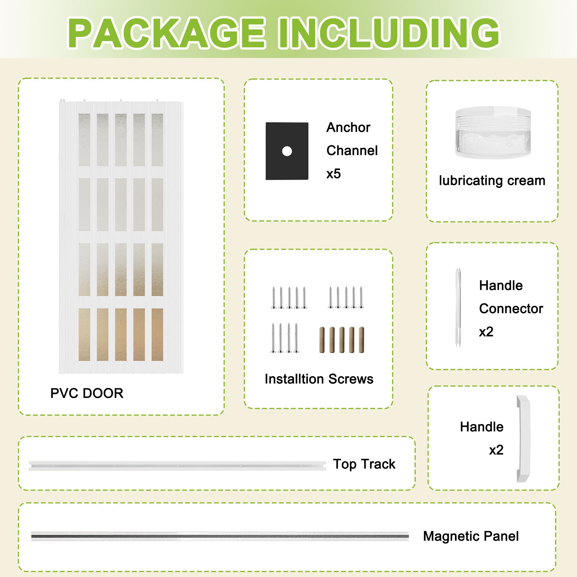 Ark Design Upgrade Dual Layer Vinyl Accordion Door with Handles and Magnetic Door Lock, 4-Lite Frosted Acrylic Glass, White