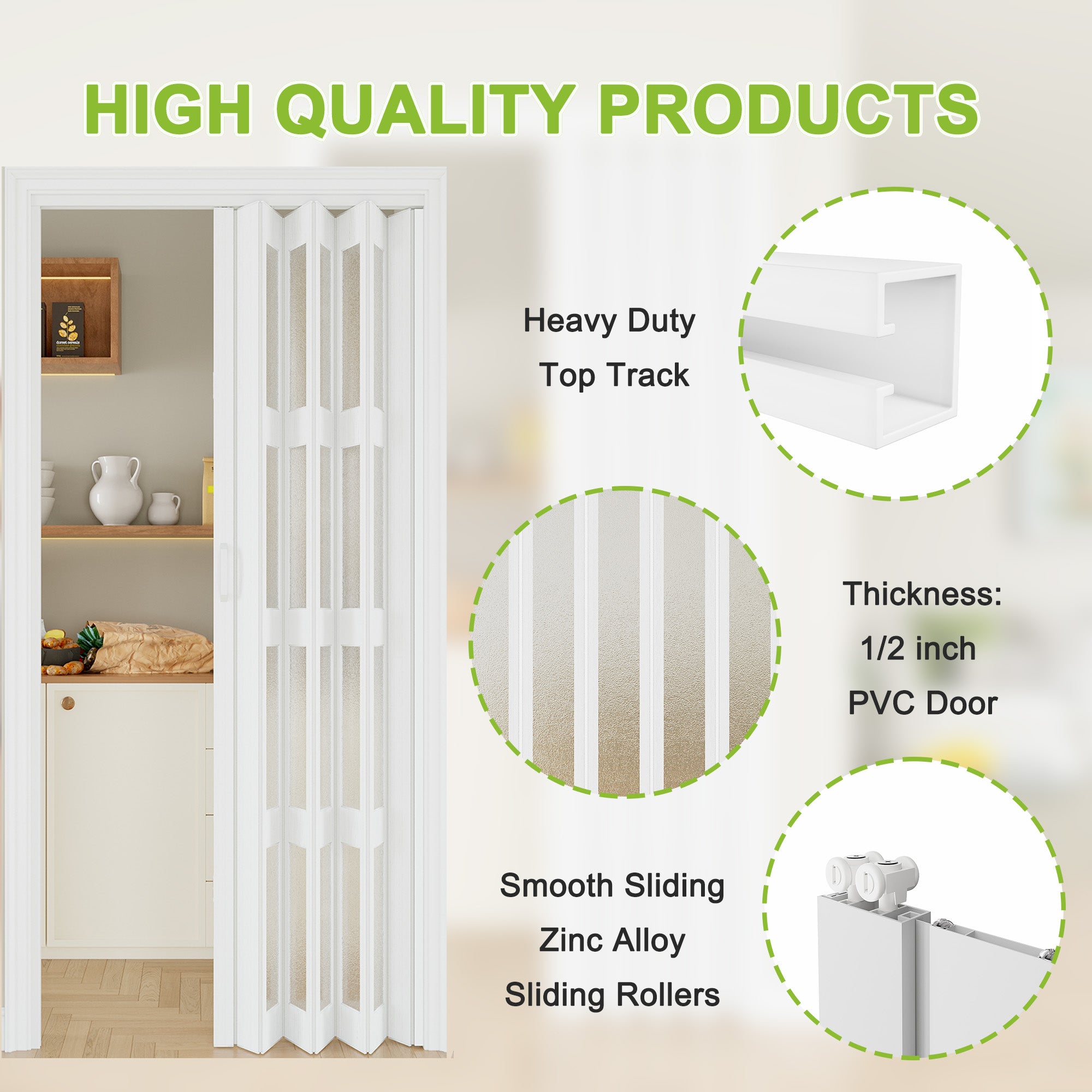 Ark Design Upgrade Dual Layer Vinyl Accordion Door with Handles and Magnetic Door Lock, 4-Lite Frosted Acrylic Glass, White