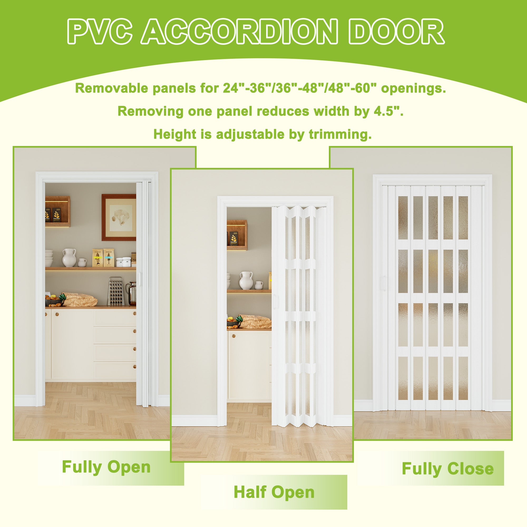 Ark Design Upgrade Dual Layer Vinyl Accordion Door with Handles and Magnetic Door Lock, 4-Lite Frosted Acrylic Glass, White