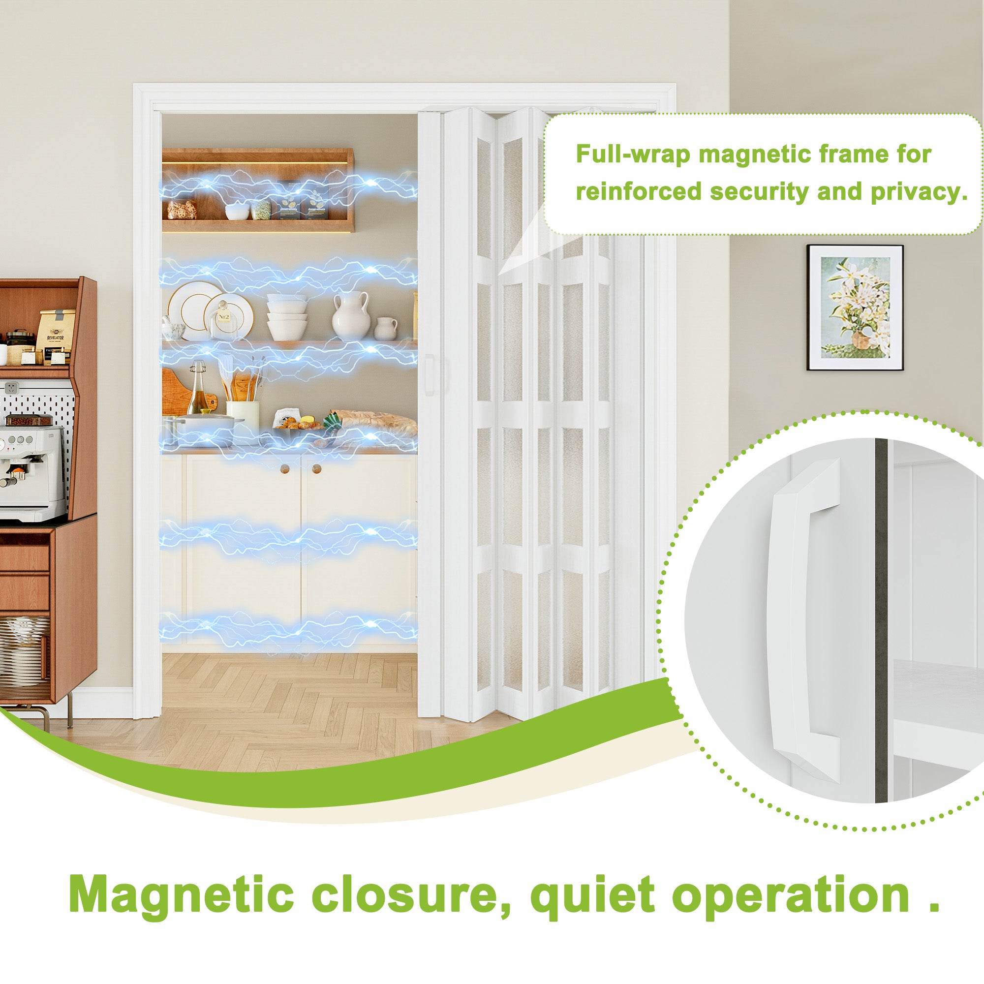 Ark Design Upgrade Dual Layer Vinyl Accordion Door with Handles and Magnetic Door Lock, 4-Lite Frosted Acrylic Glass, White