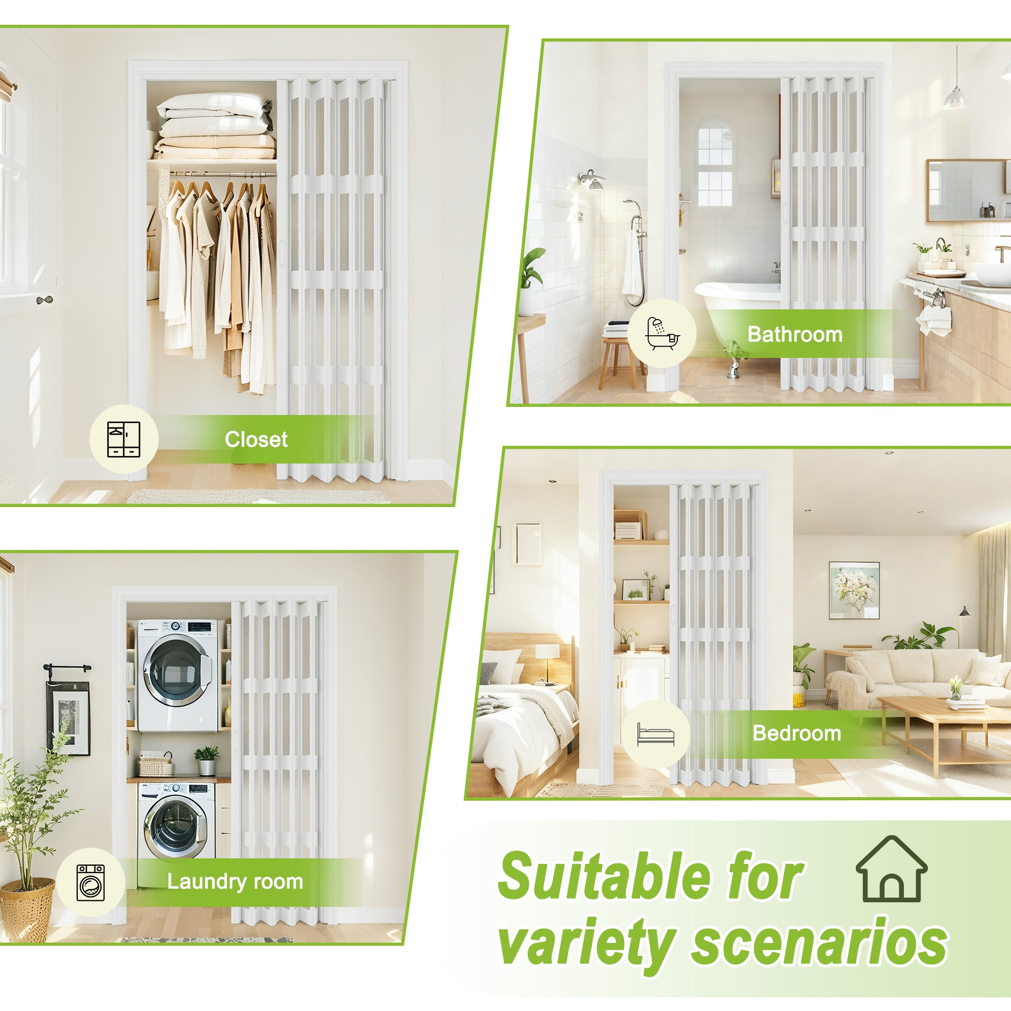 Ark Design Upgrade Dual Layer Vinyl Accordion Door with Handles and Magnetic Door Lock, 4-Lite Frosted Acrylic Glass, White