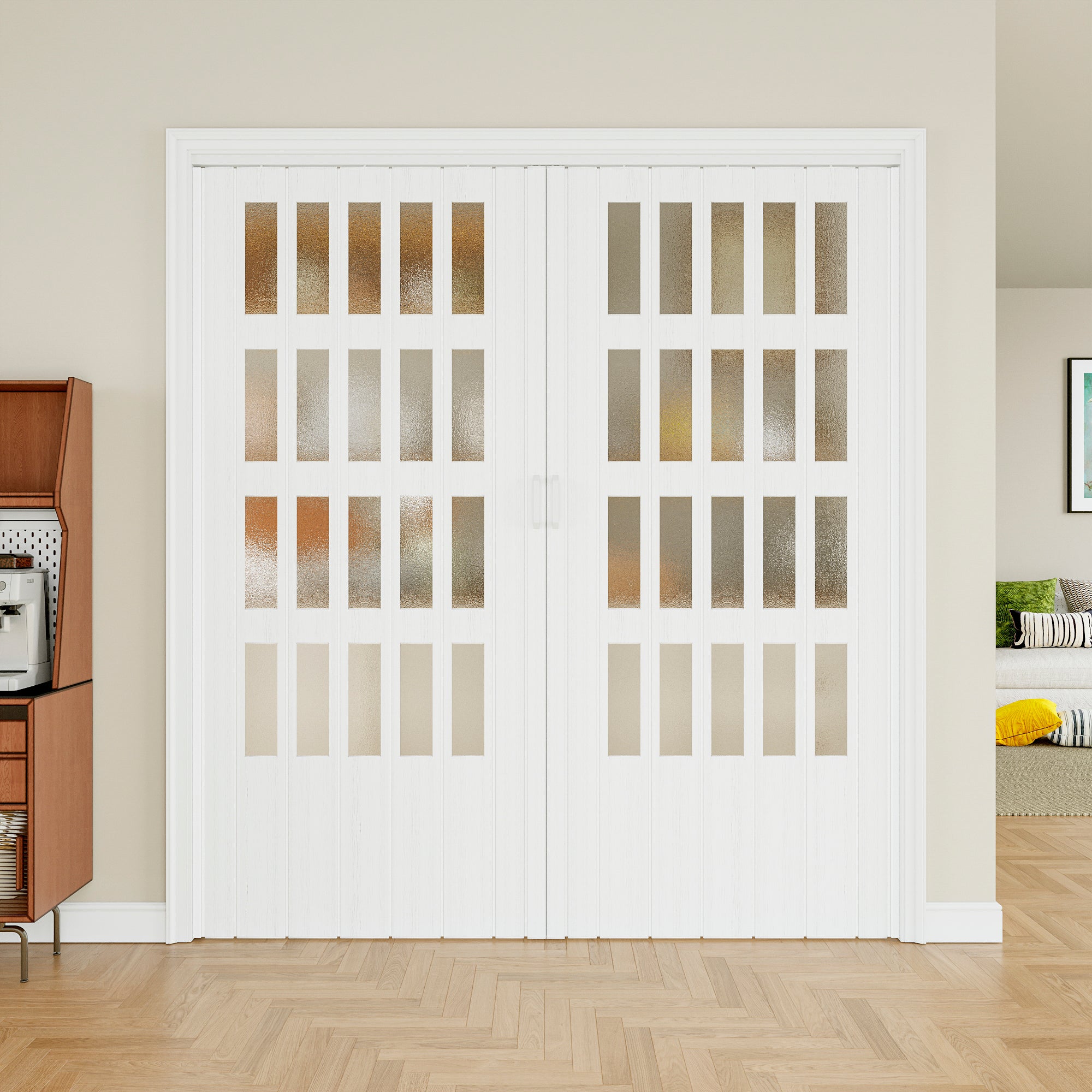 Ark Design Upgrade Dual Layer Vinyl Accordion Door with Handles and Magnetic Door Lock, 4-Lite Frosted Acrylic Glass, White