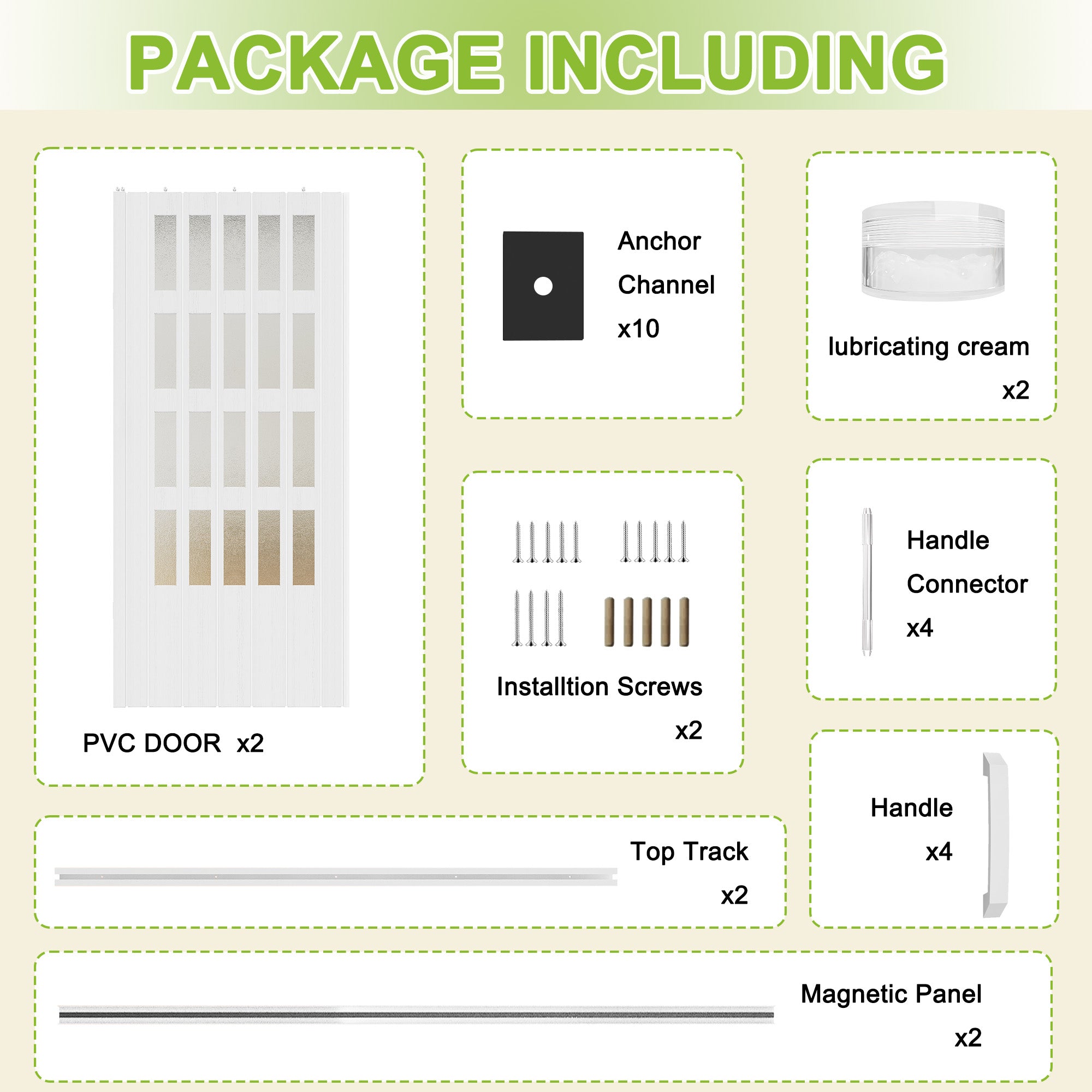 Ark Design Upgrade Dual Layer Vinyl Accordion Door with Handles and Magnetic Door Lock, 4-Lite Frosted Acrylic Glass, White