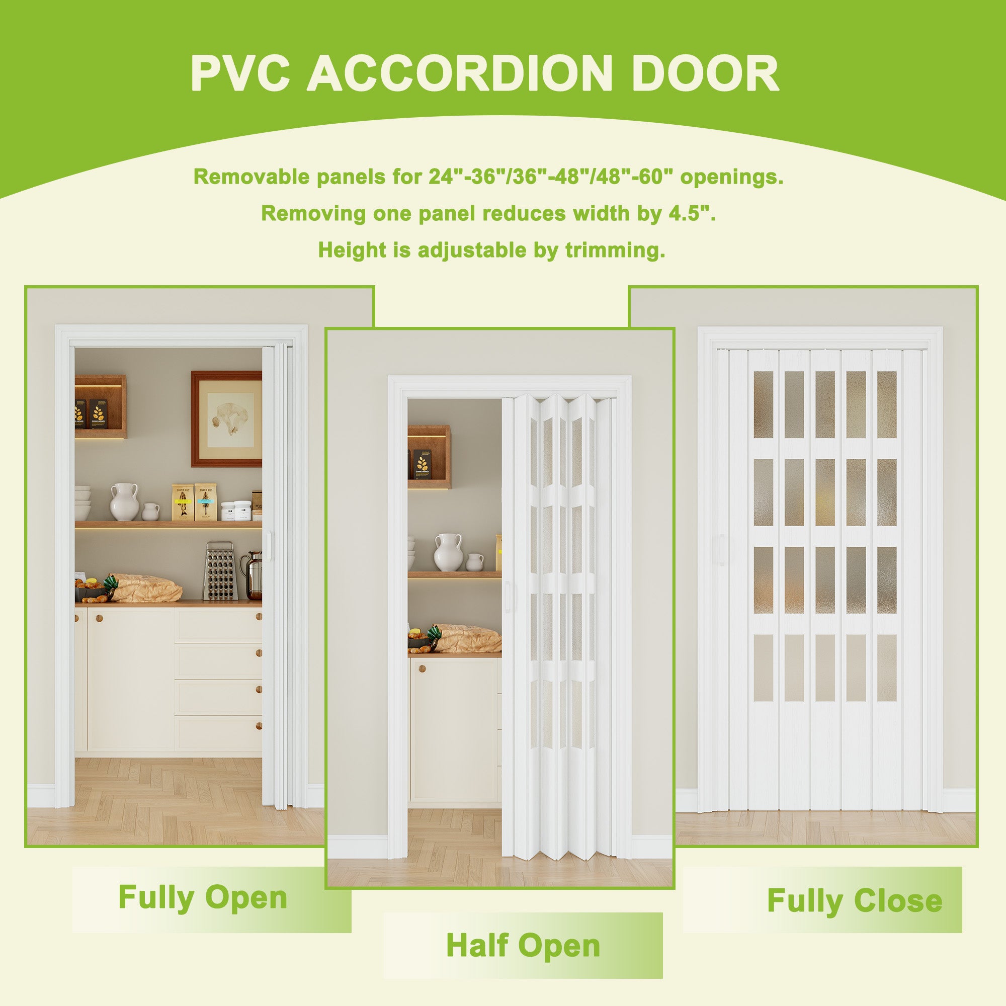 Ark Design Upgrade Dual Layer Vinyl Accordion Door with Handles and Magnetic Door Lock, 4-Lite Frosted Acrylic Glass, White