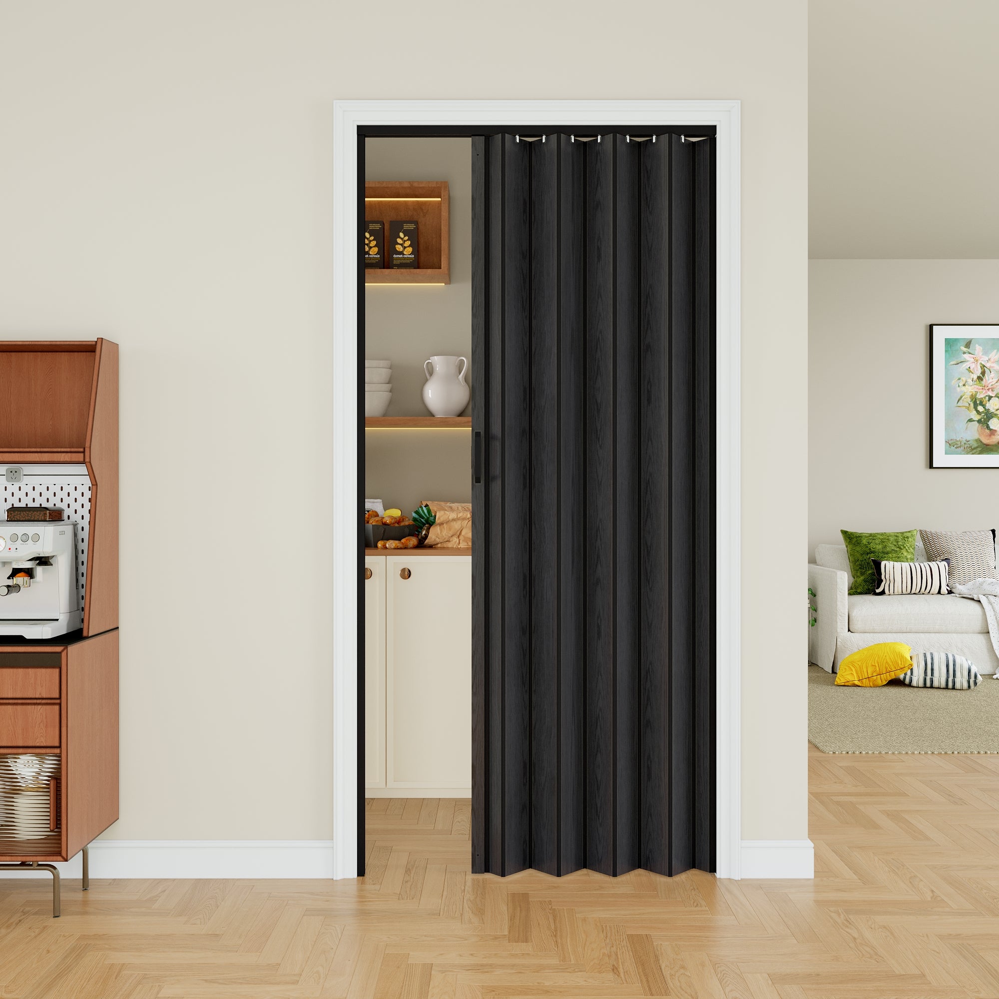 Ark Design Upgrade Single Layer Trimmable Black Wood Grain Vinyl Accordion Door with Handles and Magnetic Door Lock