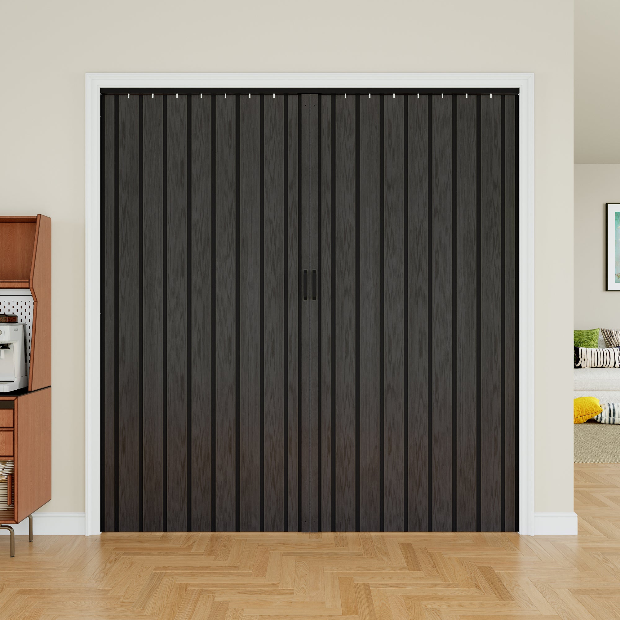 Ark Design Upgrade Single Layer Trimmable Black Wood Grain Vinyl Accordion Door with Handles and Magnetic Door Lock