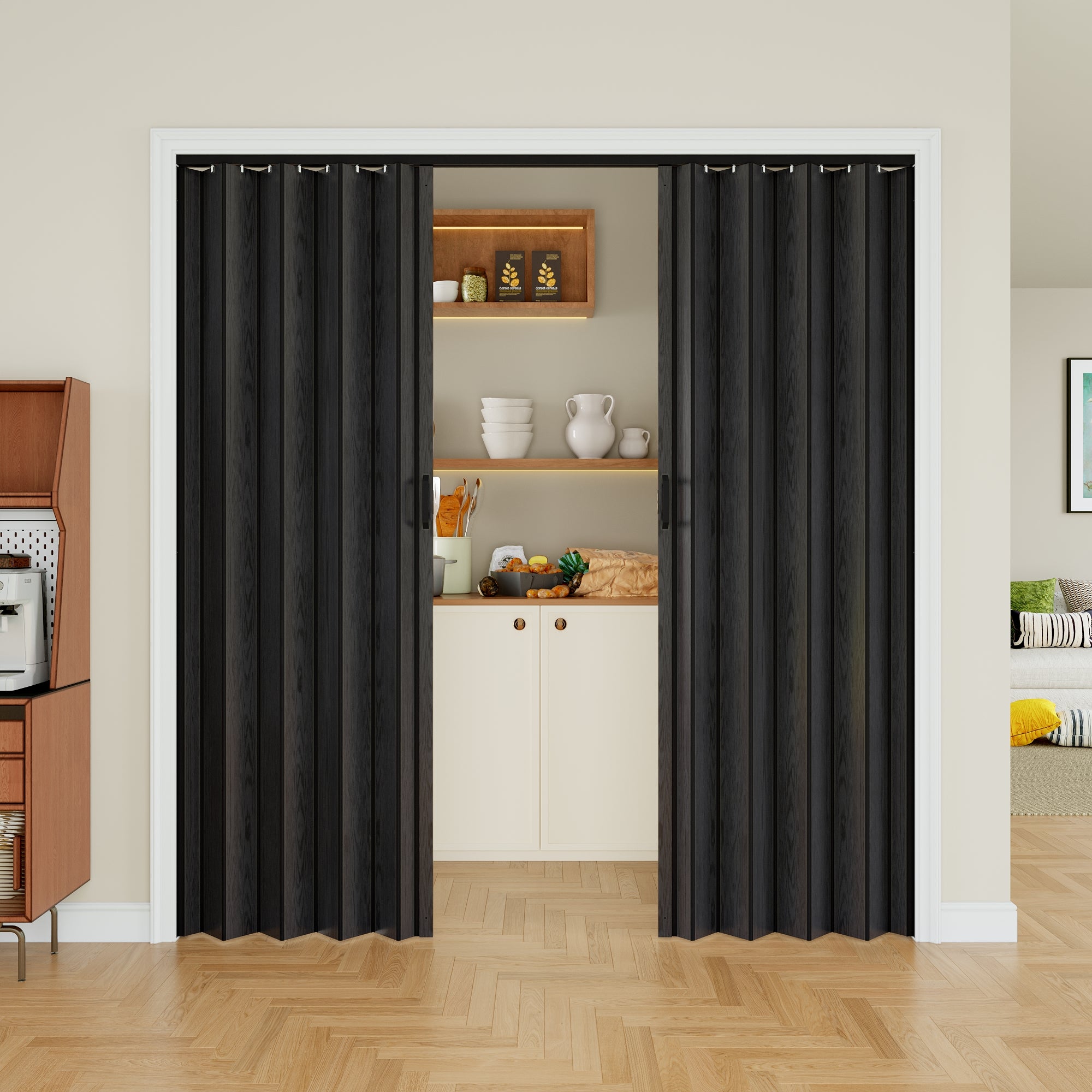 Ark Design Upgrade Single Layer Trimmable Black Wood Grain Vinyl Accordion Door with Handles and Magnetic Door Lock