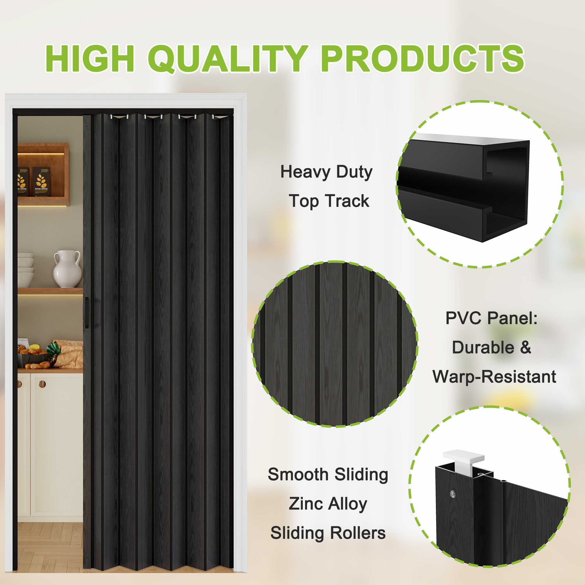 Ark Design Upgrade Single Layer Trimmable Black Wood Grain Vinyl Accordion Door with Handles and Magnetic Door Lock
