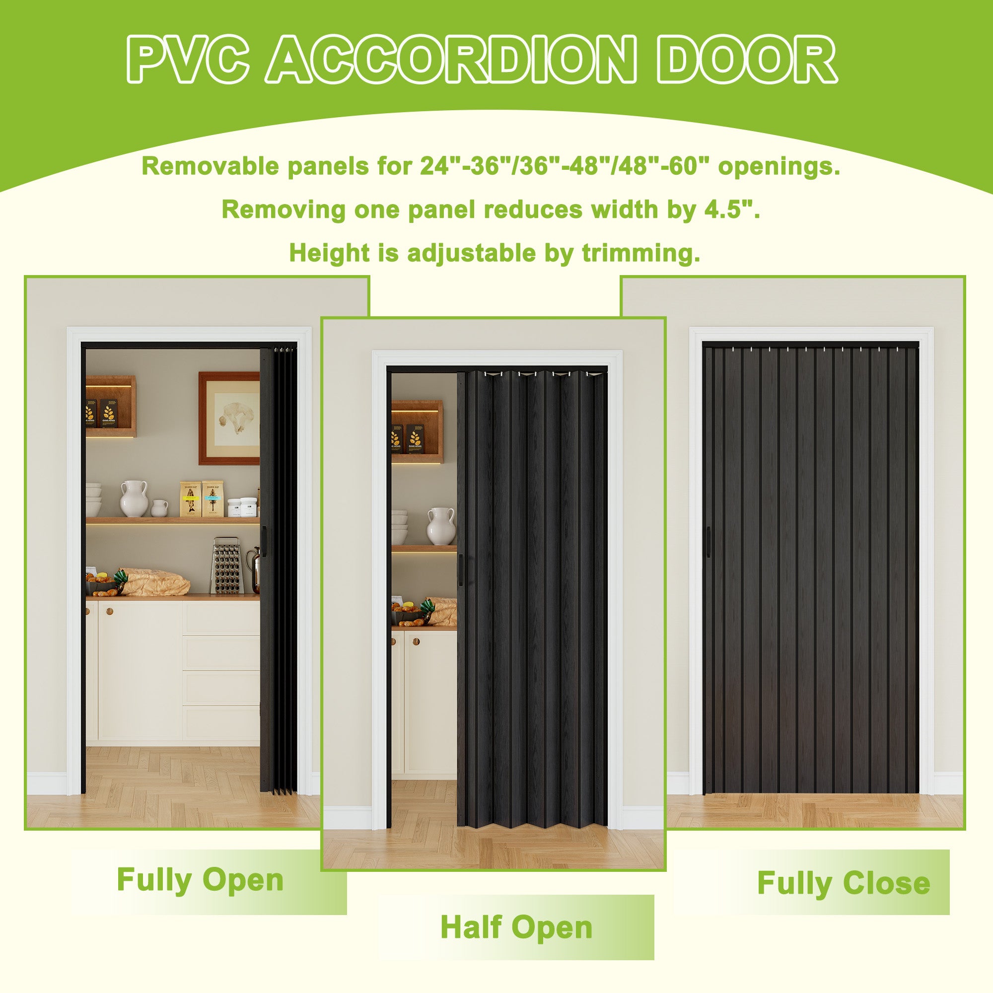 Ark Design Upgrade Single Layer Trimmable Black Wood Grain Vinyl Accordion Door with Handles and Magnetic Door Lock