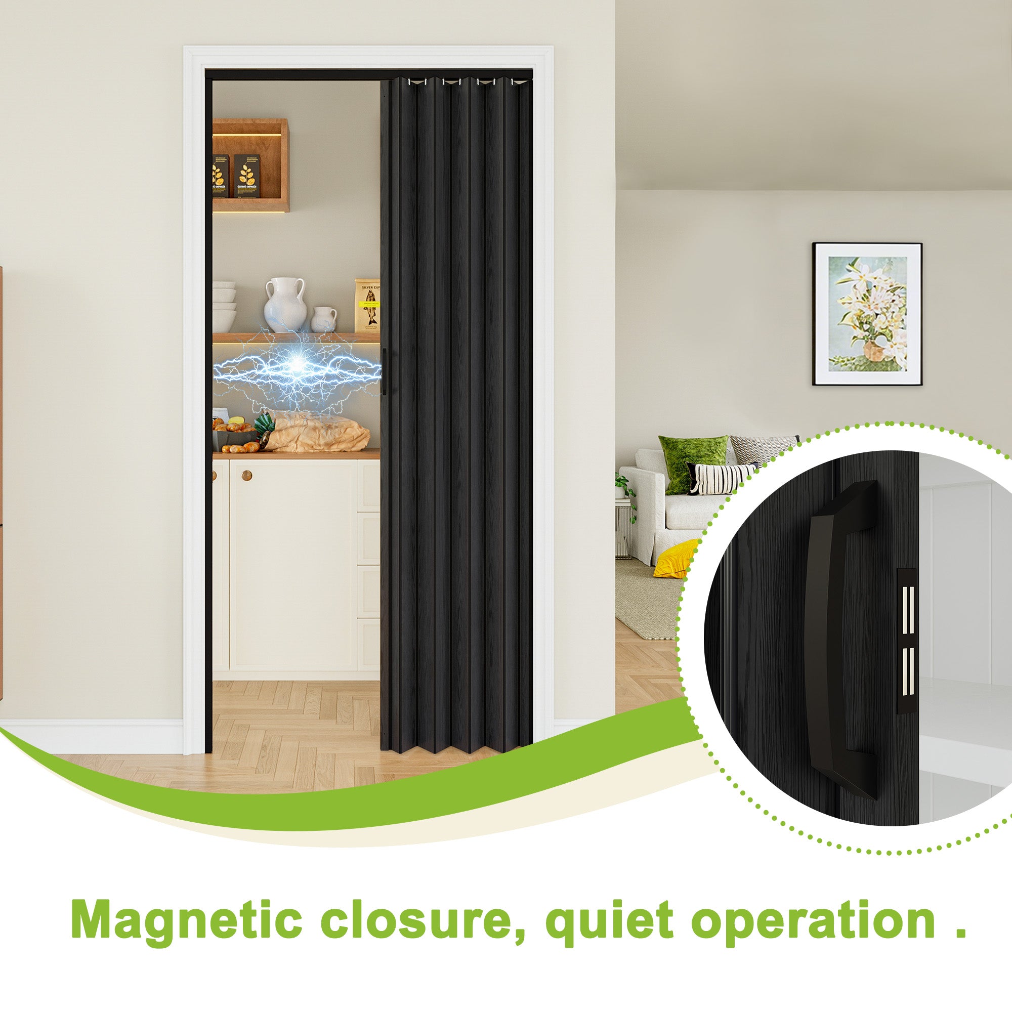 Ark Design Upgrade Single Layer Trimmable Black Wood Grain Vinyl Accordion Door with Handles and Magnetic Door Lock
