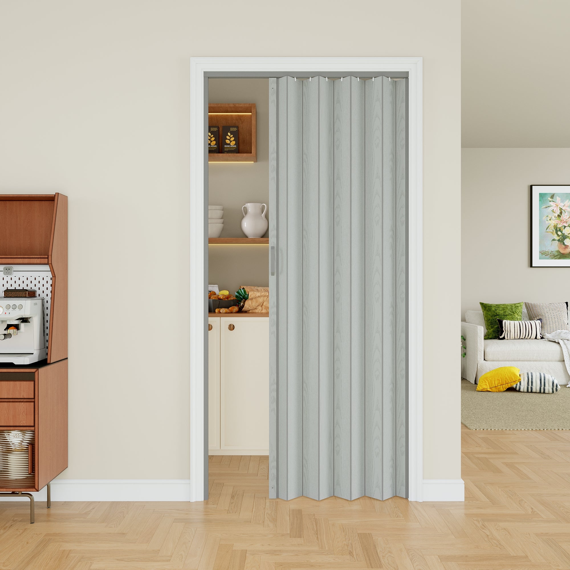 Ark Design Upgrade Single Layer Trimmable Gray Wood Grain Vinyl Accordion Door with Handles and Magnetic Door Lock